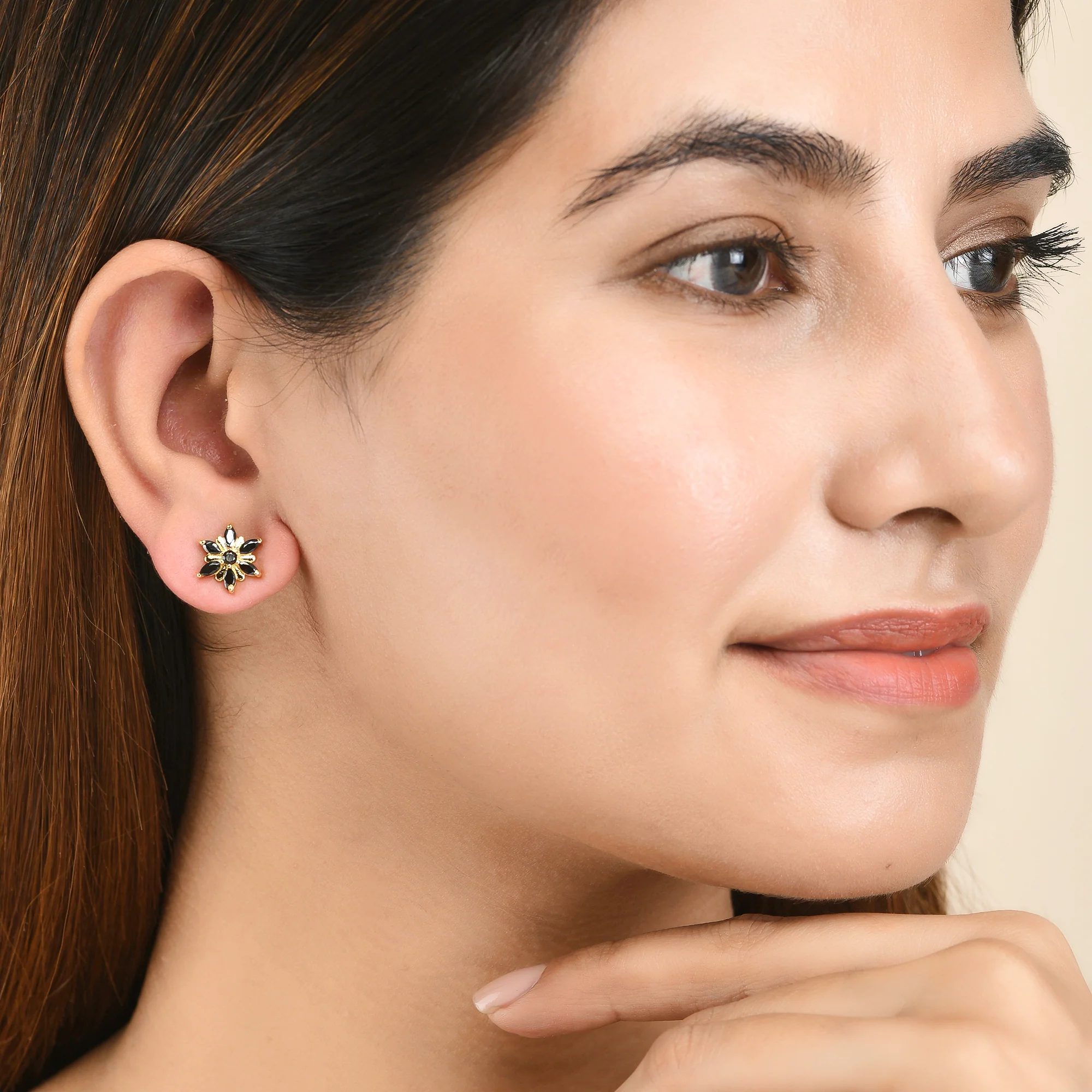 Gold Plated Black Marquise Cut CZ Stud Earrings - Image 2