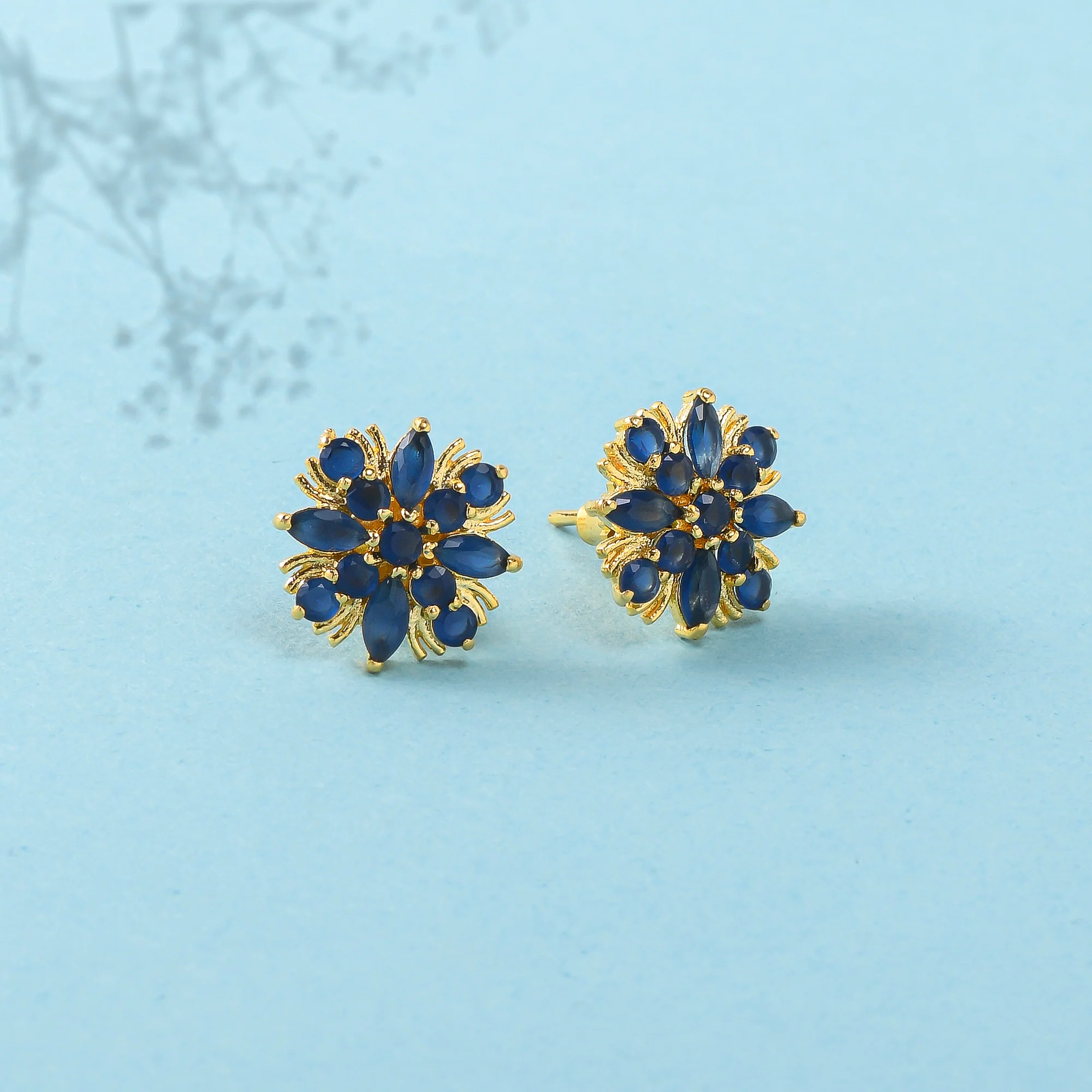 Gold Plated Blue Zirconia Gems Stud Earrings