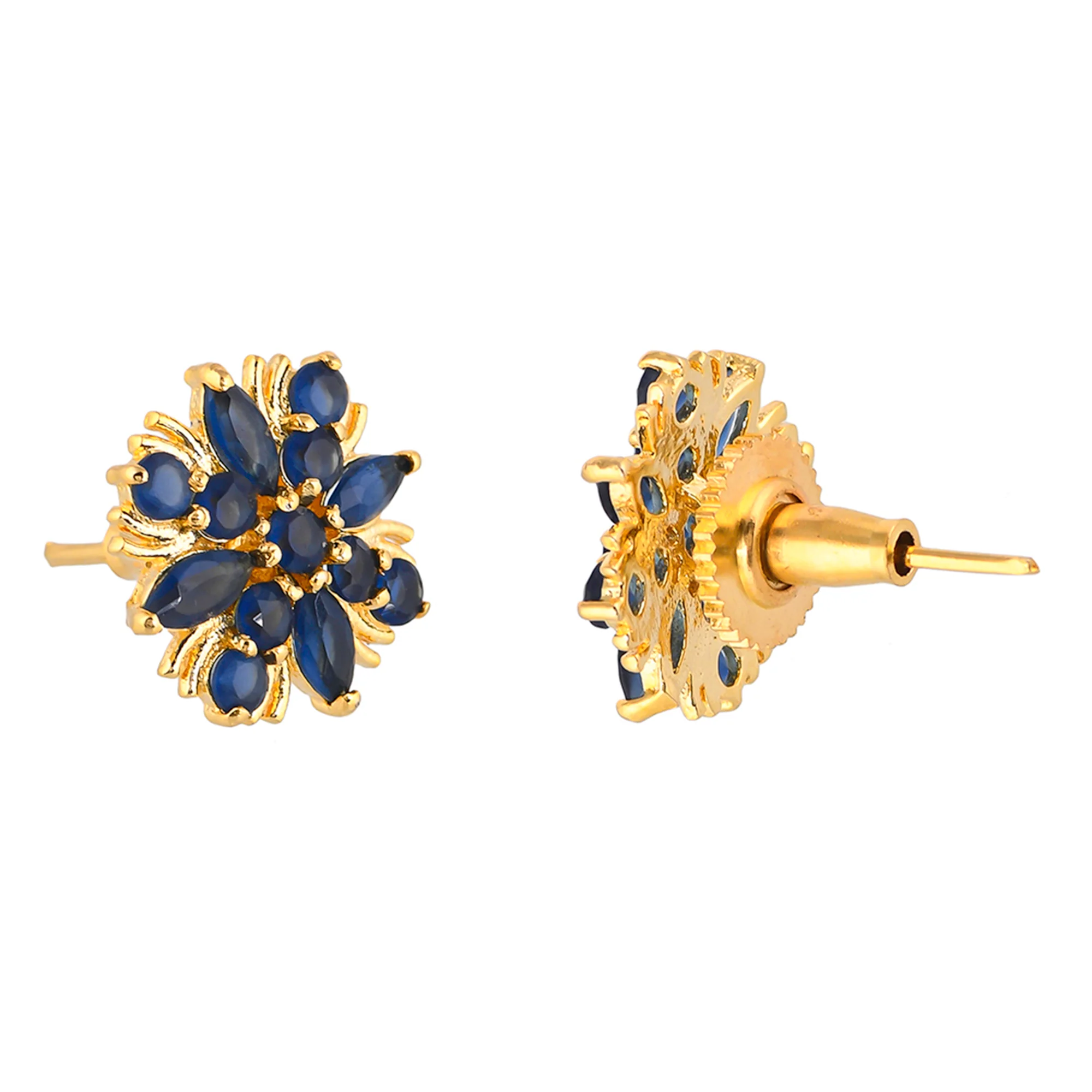 Gold Plated Blue Zirconia Gems Stud Earrings - Image 5