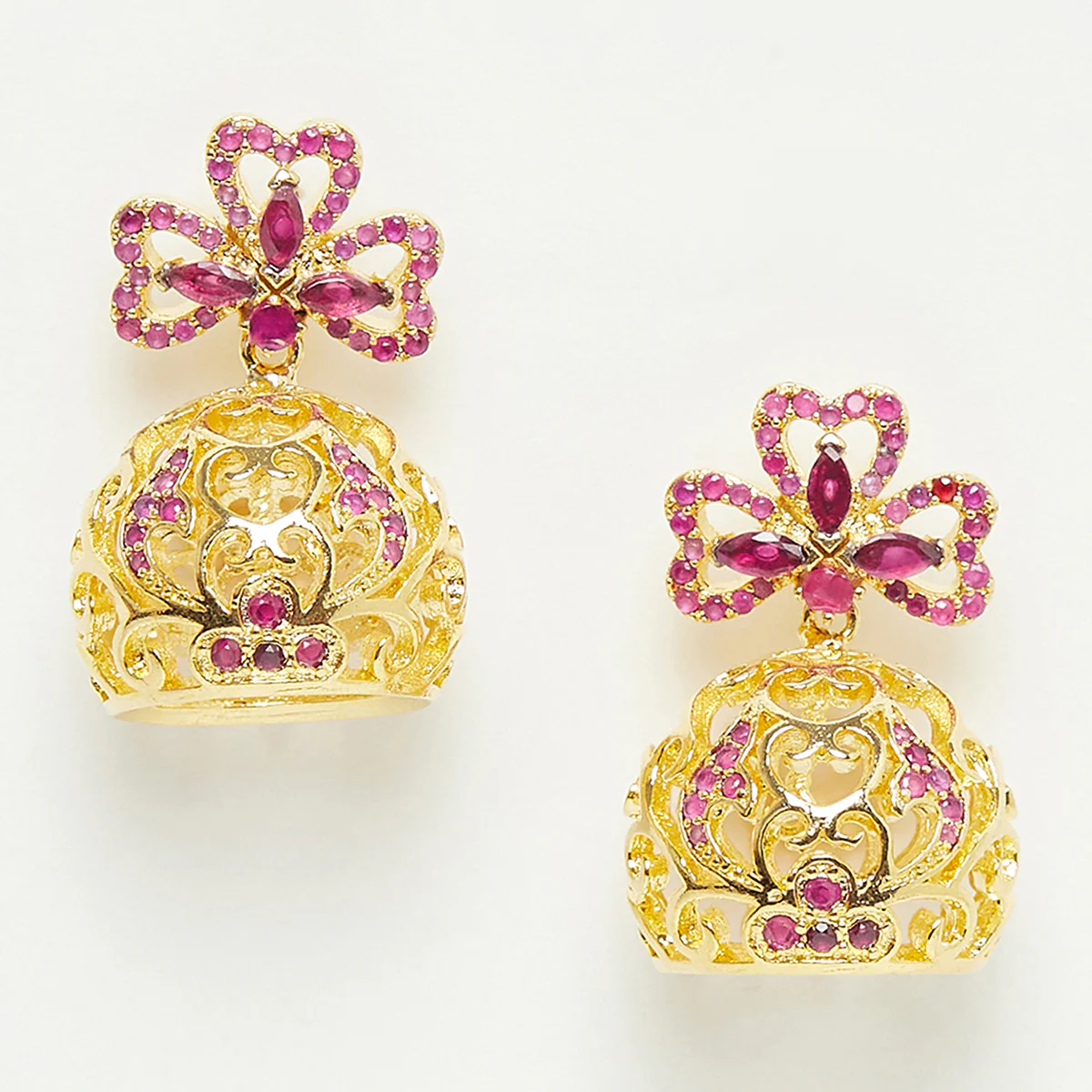 Gold Plated Chic Jhumki Earrings Ornamented With Pink Color Stones - Image 3