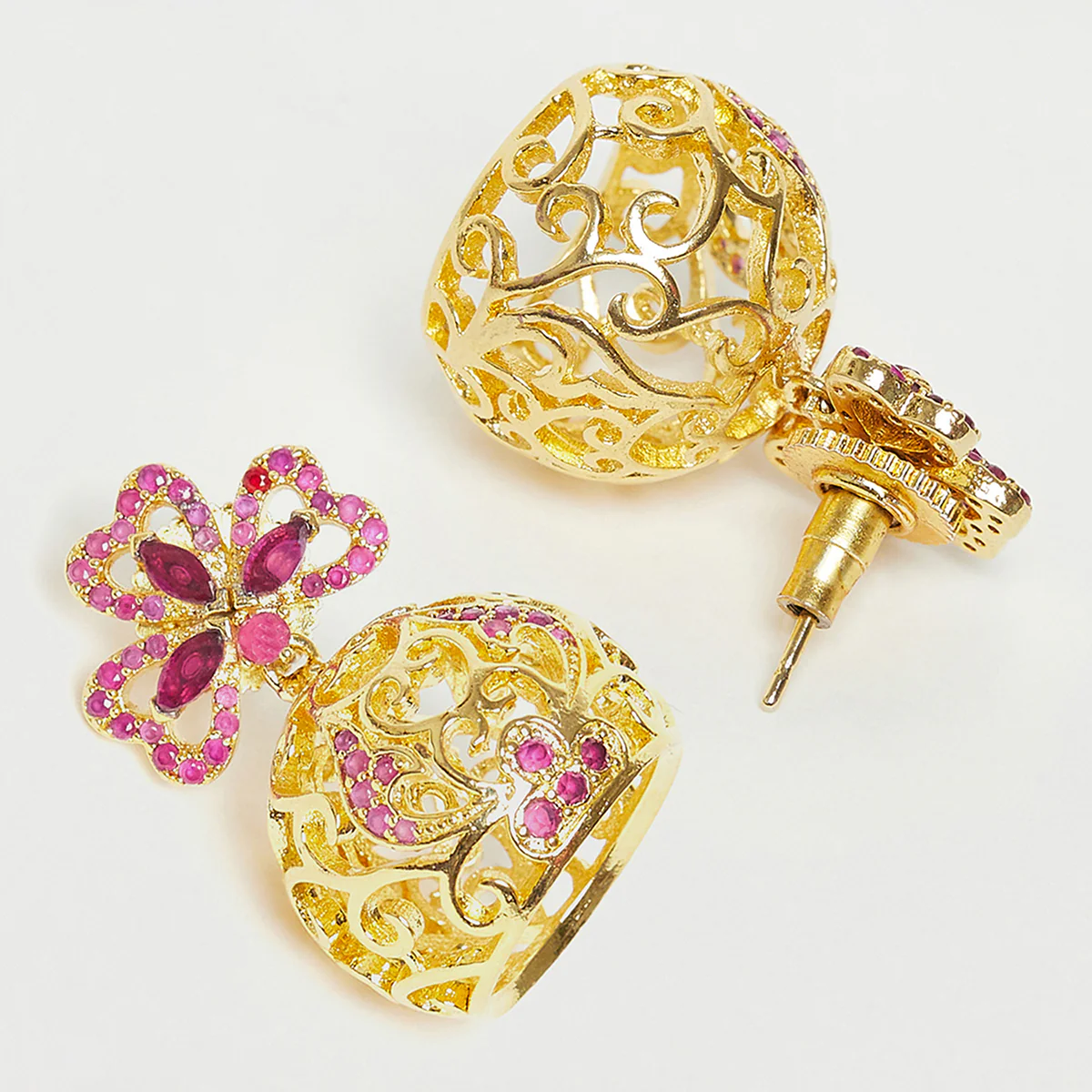 Gold Plated Chic Jhumki Earrings Ornamented With Pink Color Stones - Image 4
