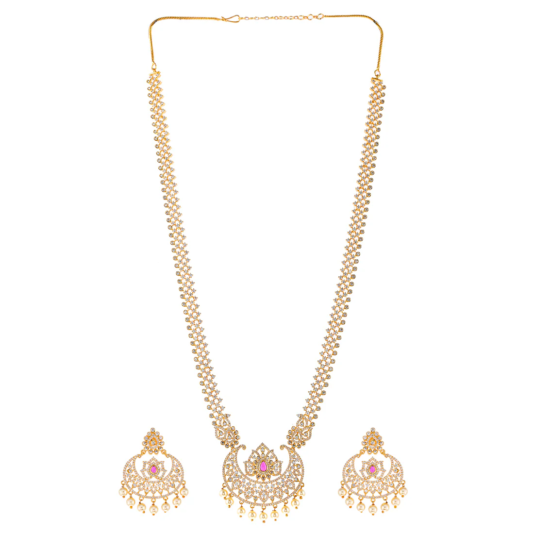 Gold Plated Cluster Setting CZ and Pearl Beads Jewellery Set - Image 3