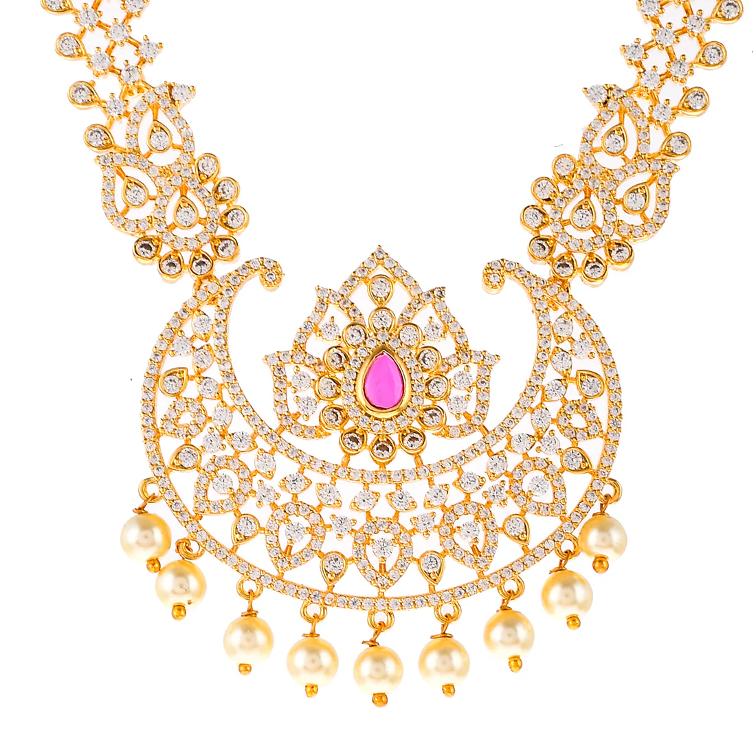 Gold Plated Cluster Setting CZ and Pearl Beads Jewellery Set - Image 4