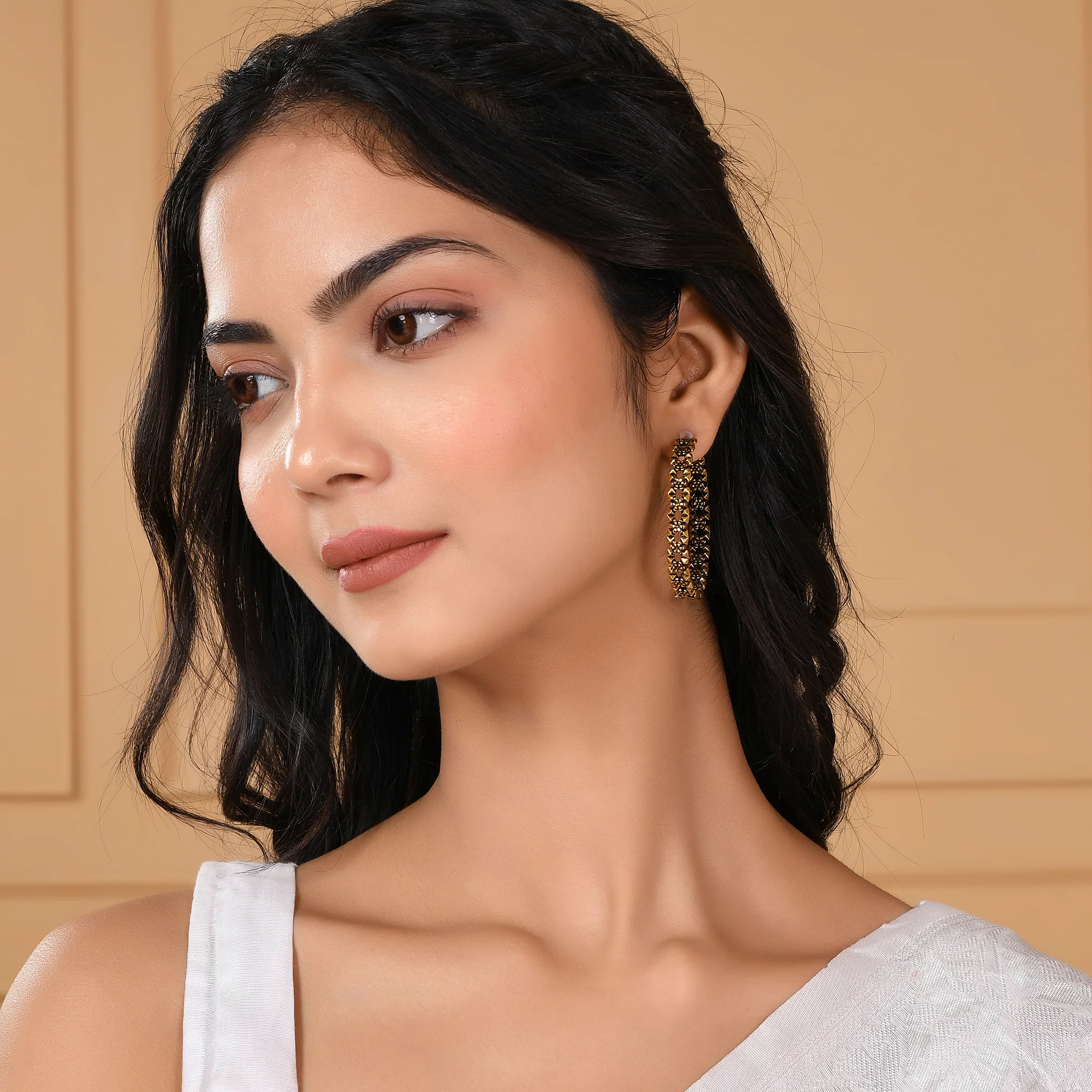 Gold Plated Cutwork Design Casual Brass Hoop Earrings - Image 2