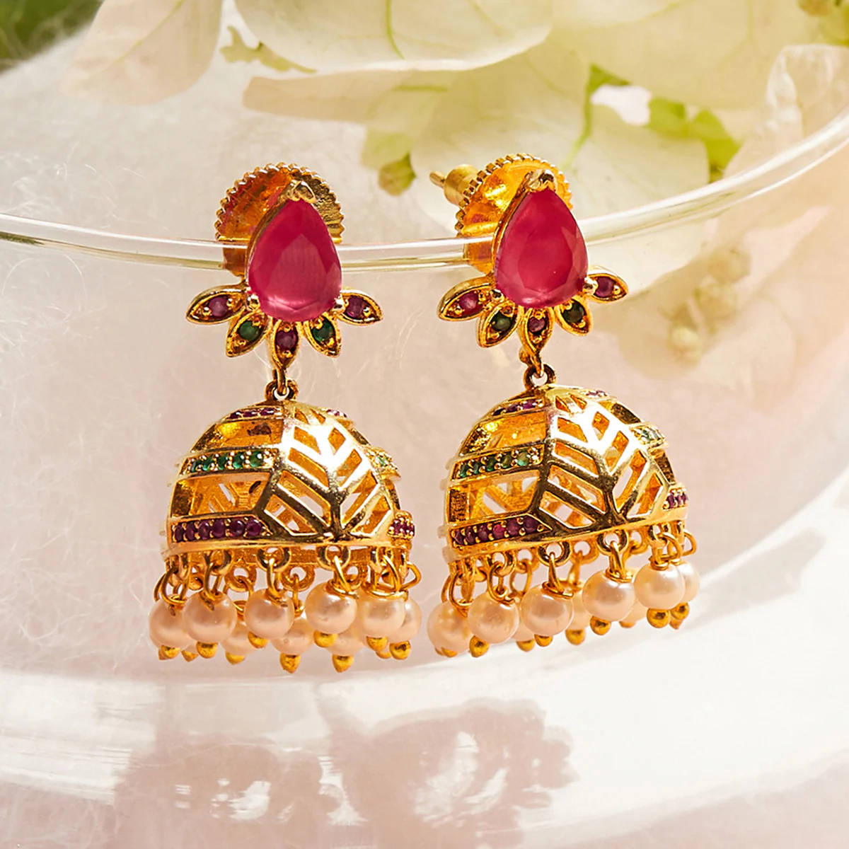 Gold Plated Dainty Floral Earrings with Gems
