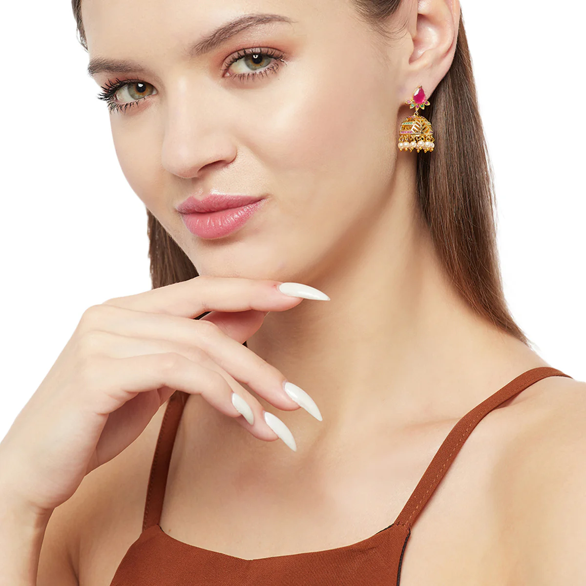 Gold Plated Dainty Floral Earrings with Gems - Image 2