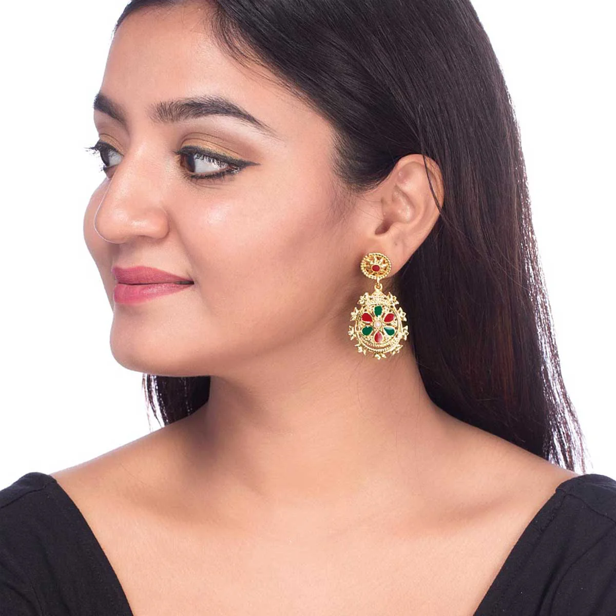 Gold Plated Dangler Earrings with Enamel Details - Image 4
