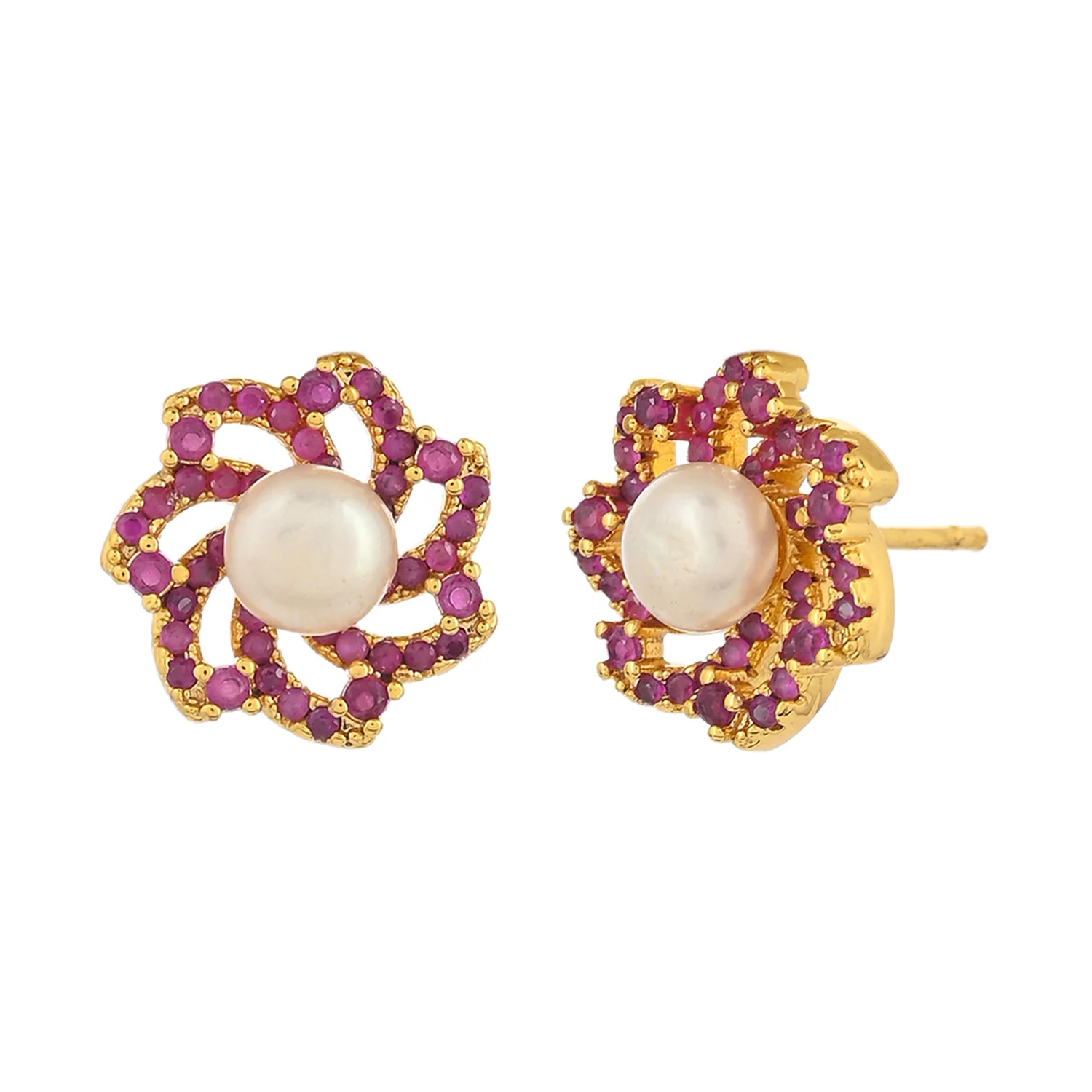 Gold Plated Faux Pearls and CZ Adorned Brass Stud Earrings - Image 3