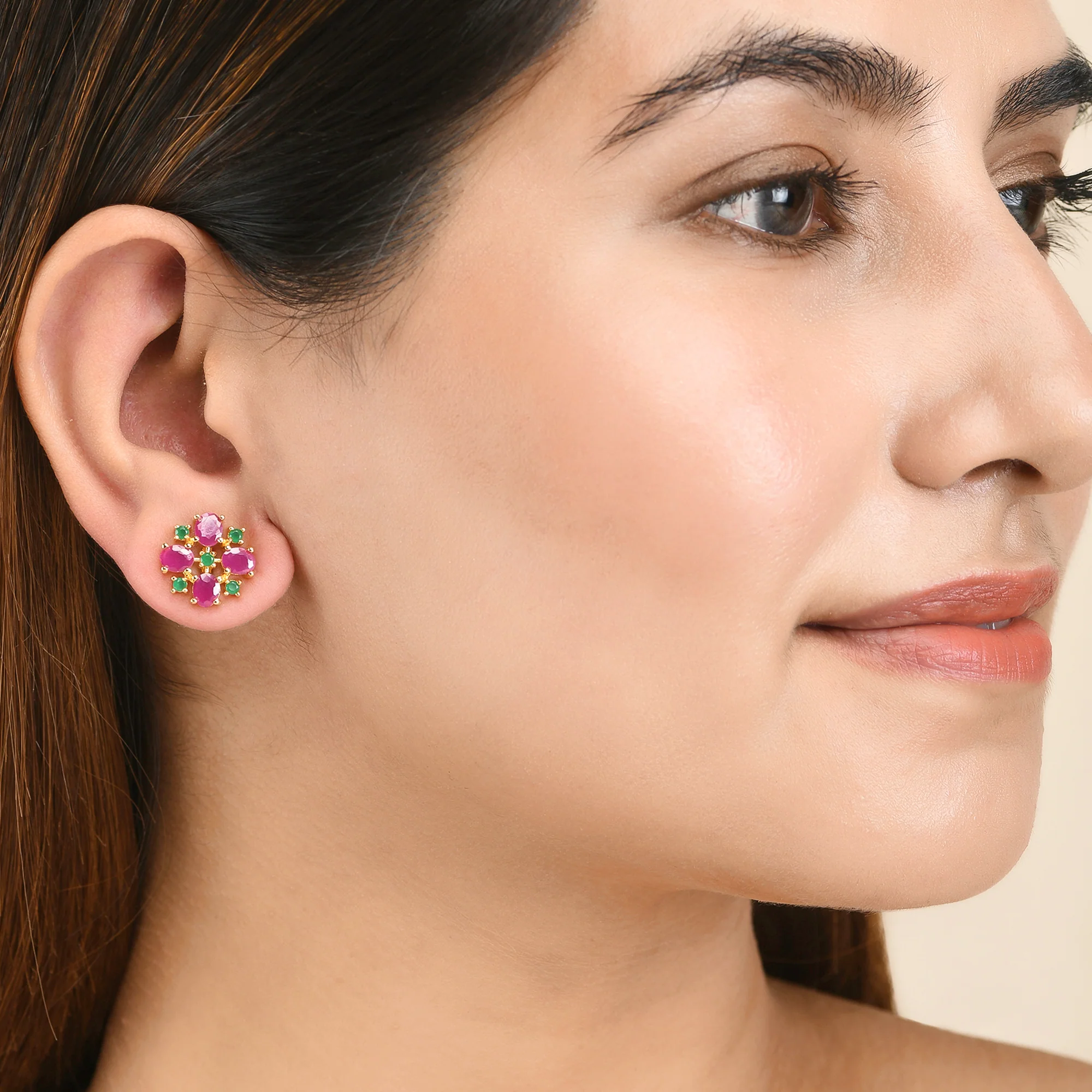 Gold Plated Green and Pink Cluster Setting CZ Stud Earrings - Image 2