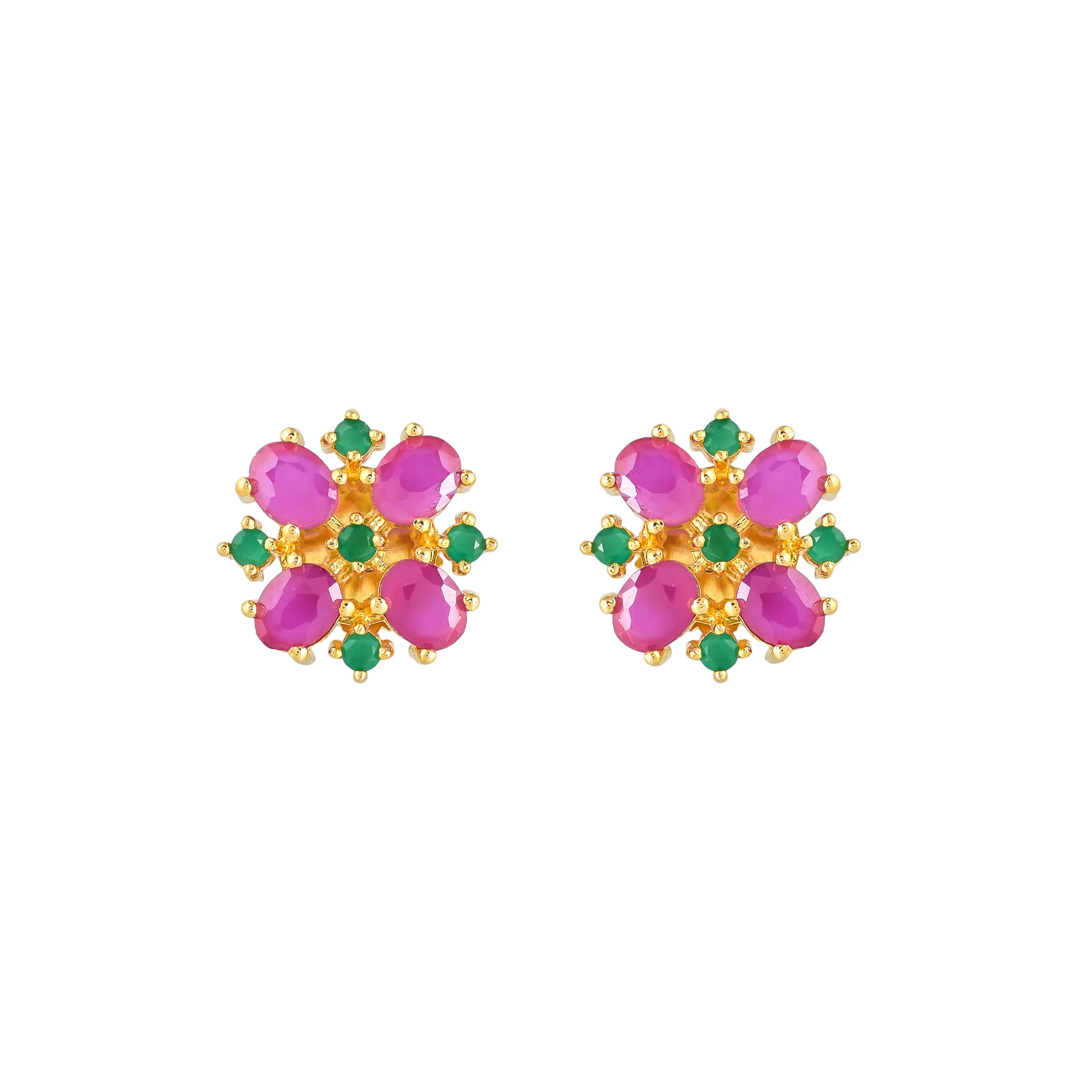 Gold Plated Green and Pink Cluster Setting CZ Stud Earrings - Image 3