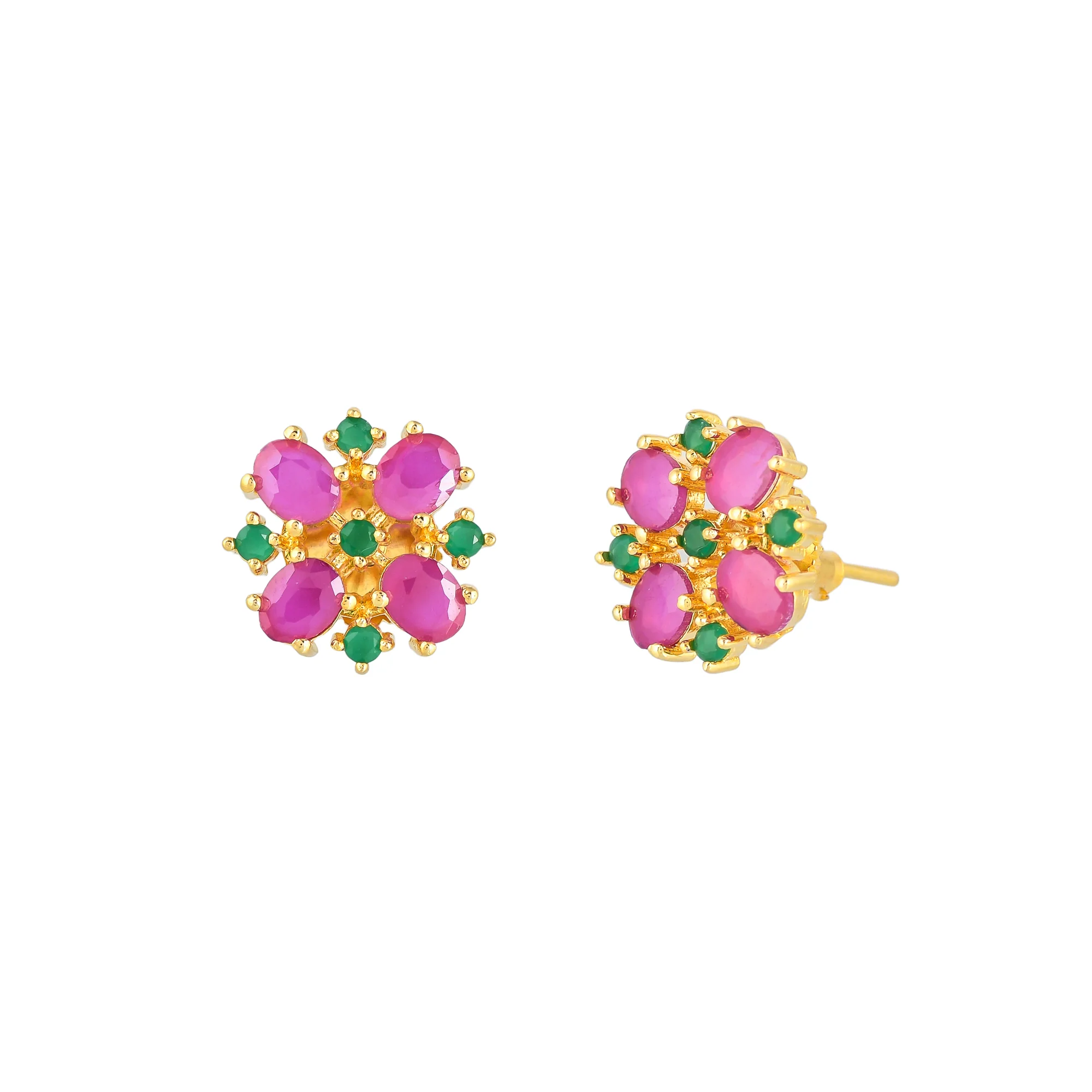 Gold Plated Green and Pink Cluster Setting CZ Stud Earrings - Image 4