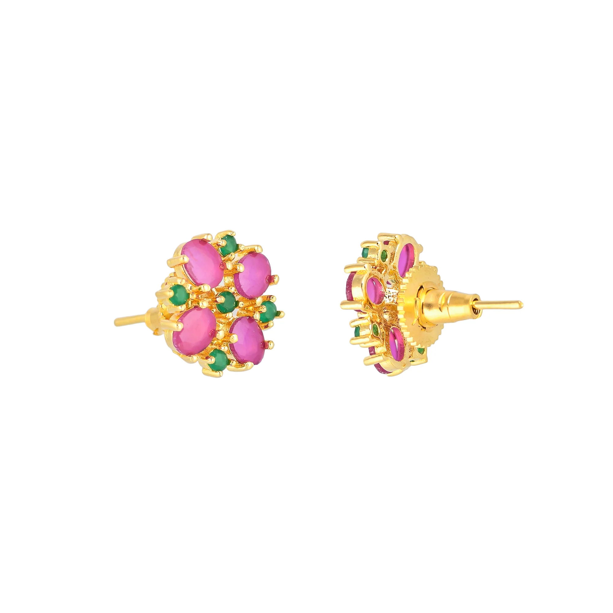 Gold Plated Green and Pink Cluster Setting CZ Stud Earrings - Image 5