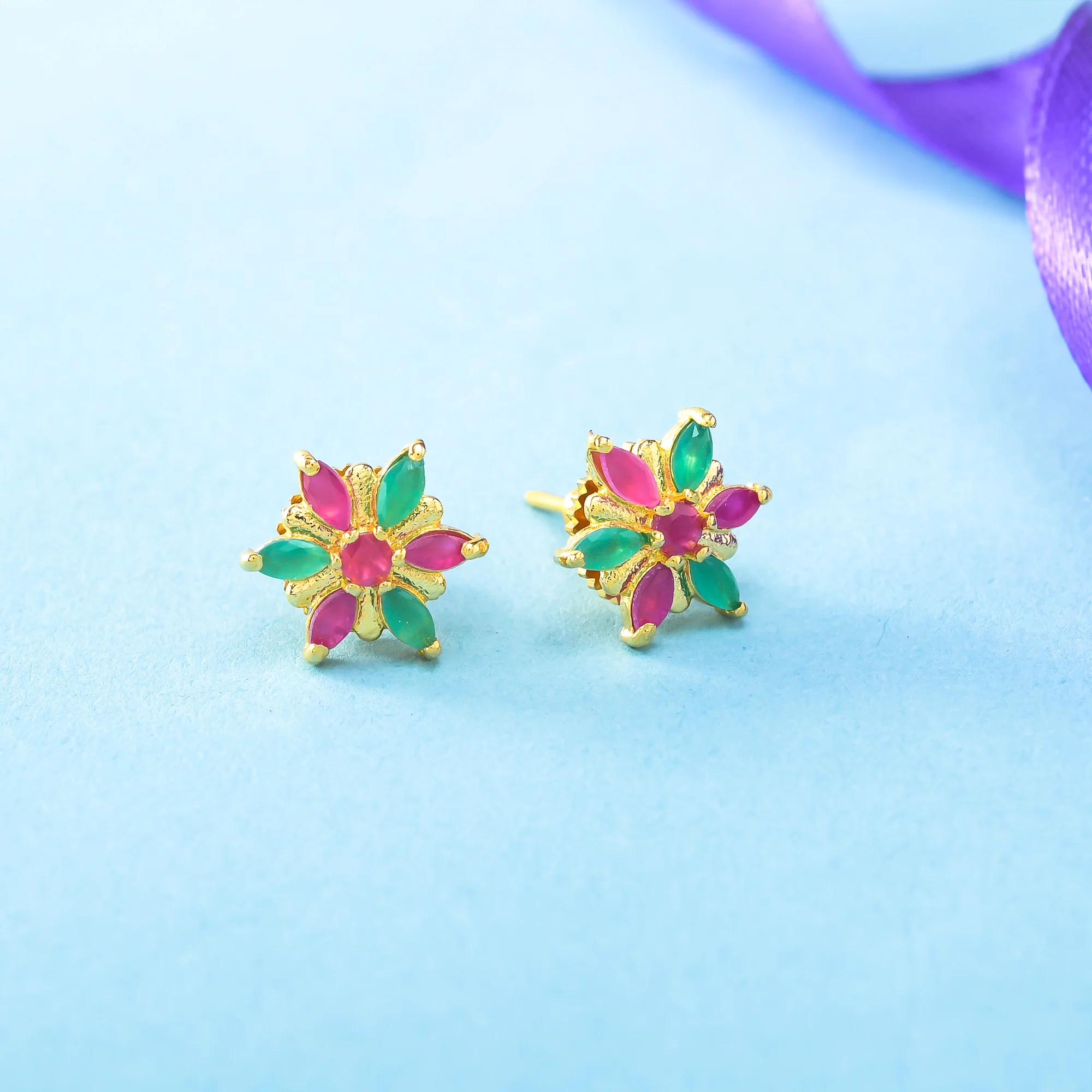 Gold Plated Green and Pink Floral Stud Earrings