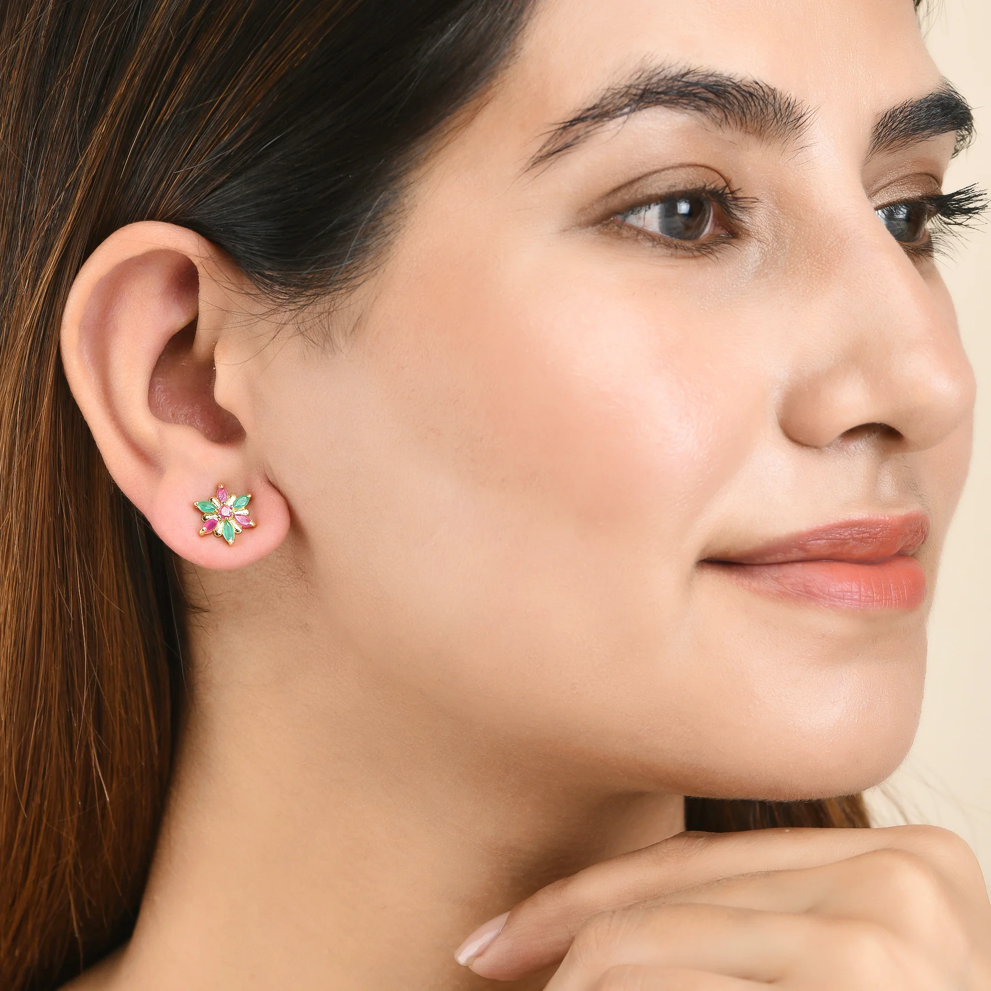 Gold Plated Green and Pink Floral Stud Earrings - Image 2