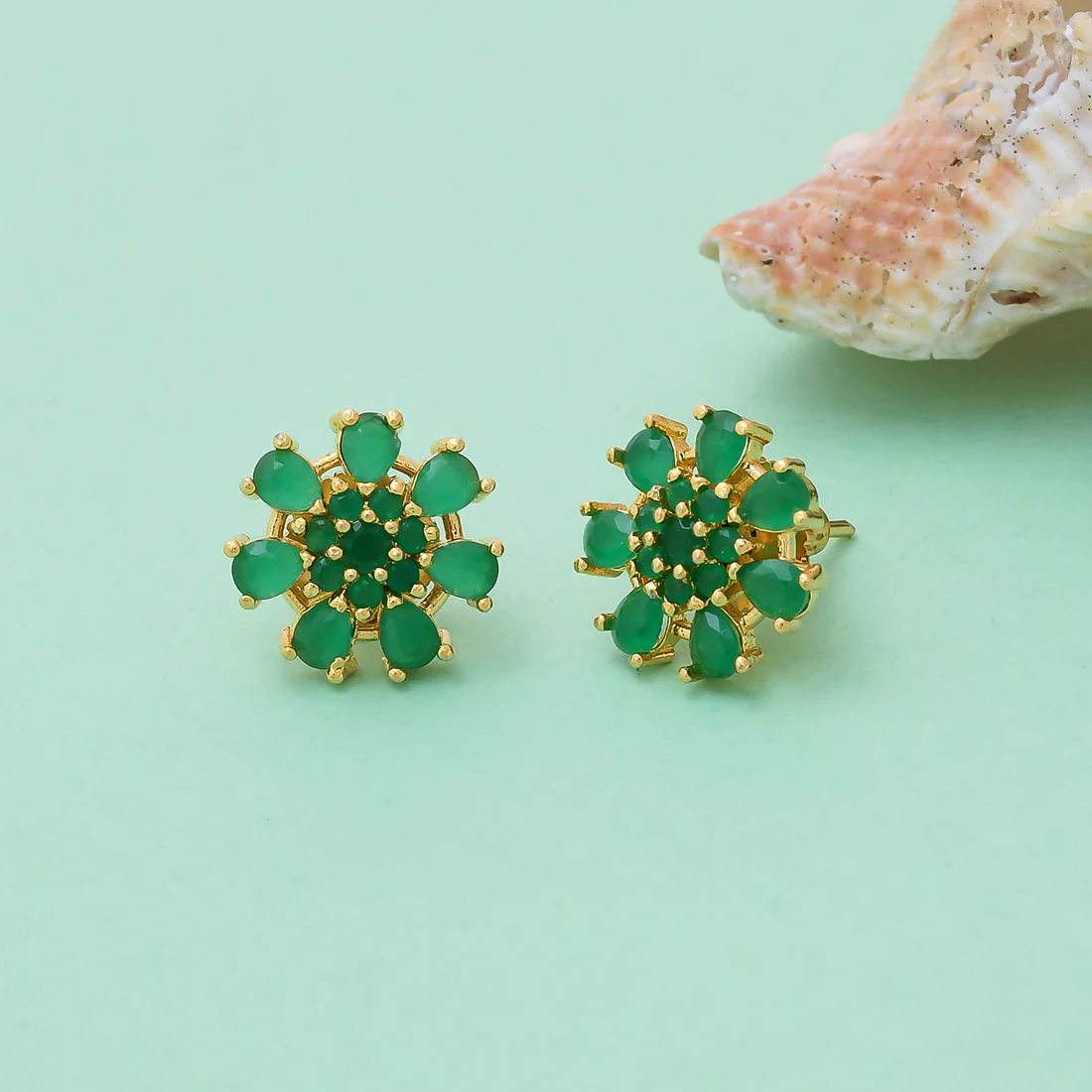 Gold Plated Green Cz Stud Earrings