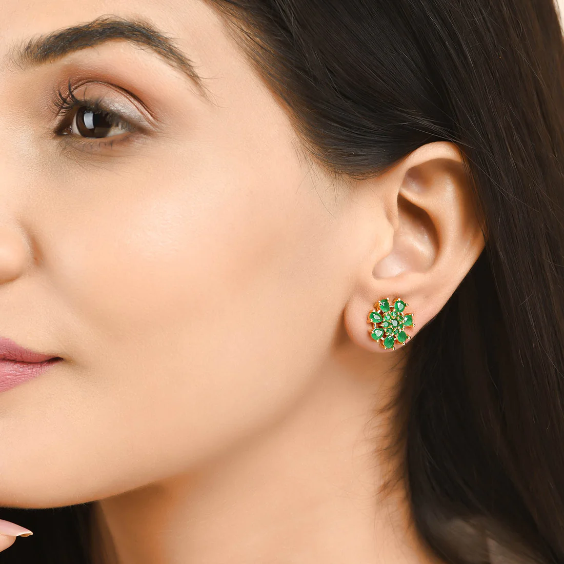 Gold Plated Green Cz Stud Earrings - Image 2