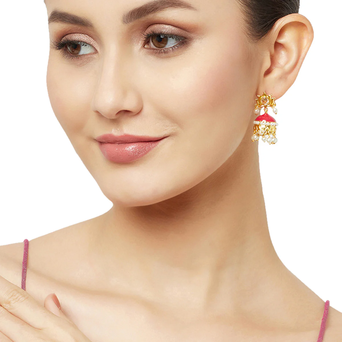 Gold Plated Jhumki Earrings With Pearls - Image 2