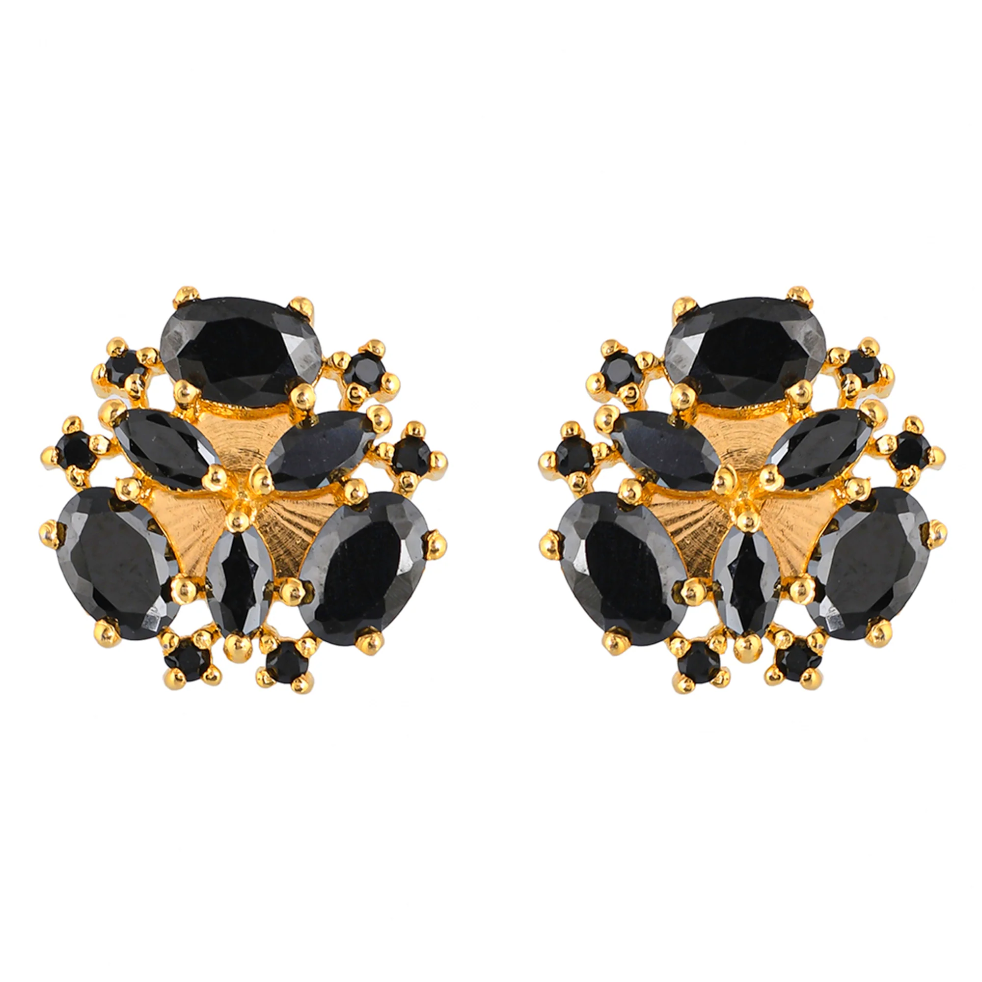 Gold Plated Marquise Cut Black CZ Stud Earrings - Image 3