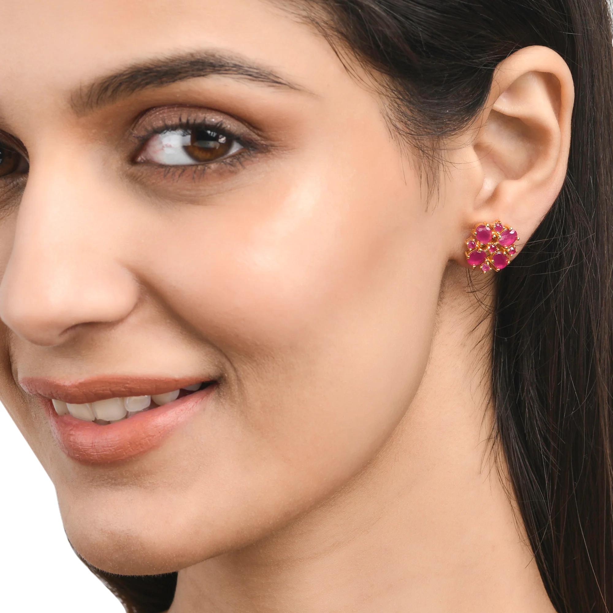 Gold Plated Pink Cluster Setting CZ Stud Earrings - Image 2