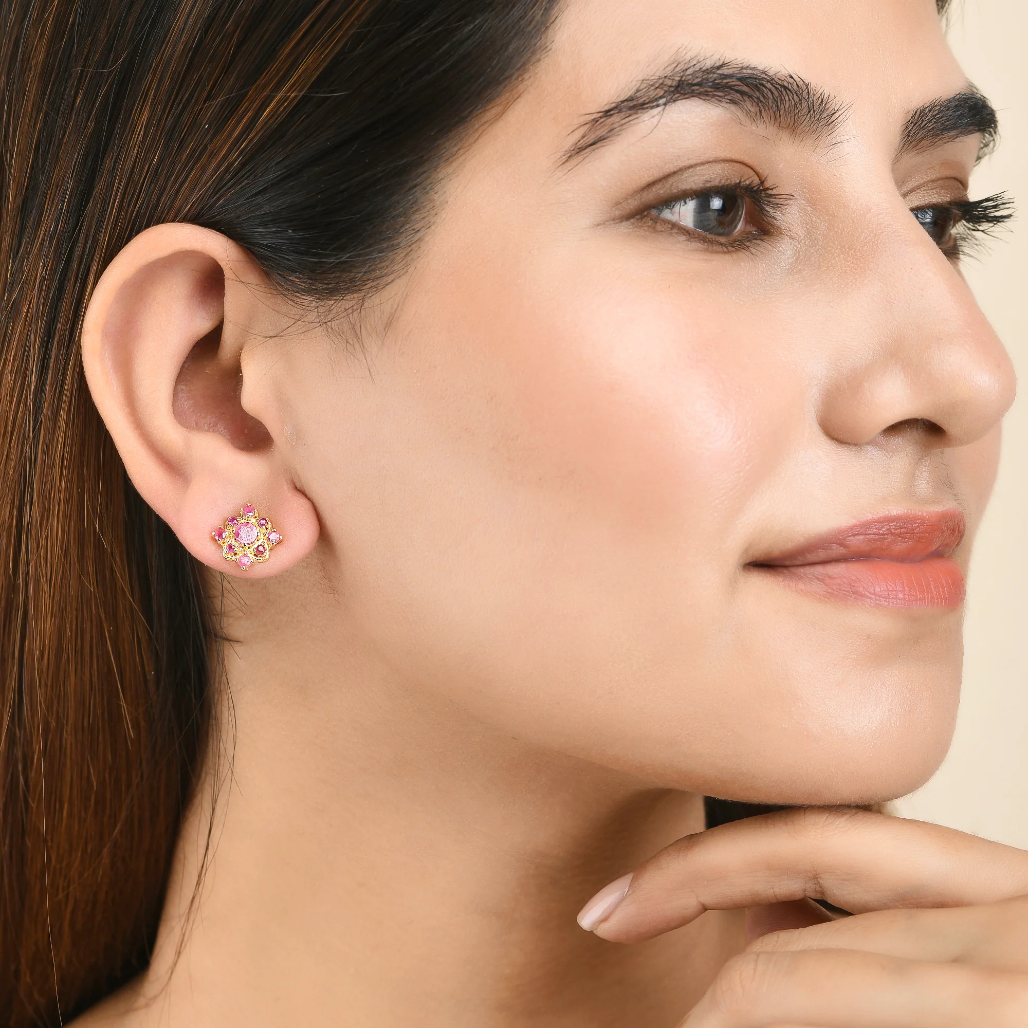 Gold Plated Pink CZ Gems Stud Earrings - Image 2