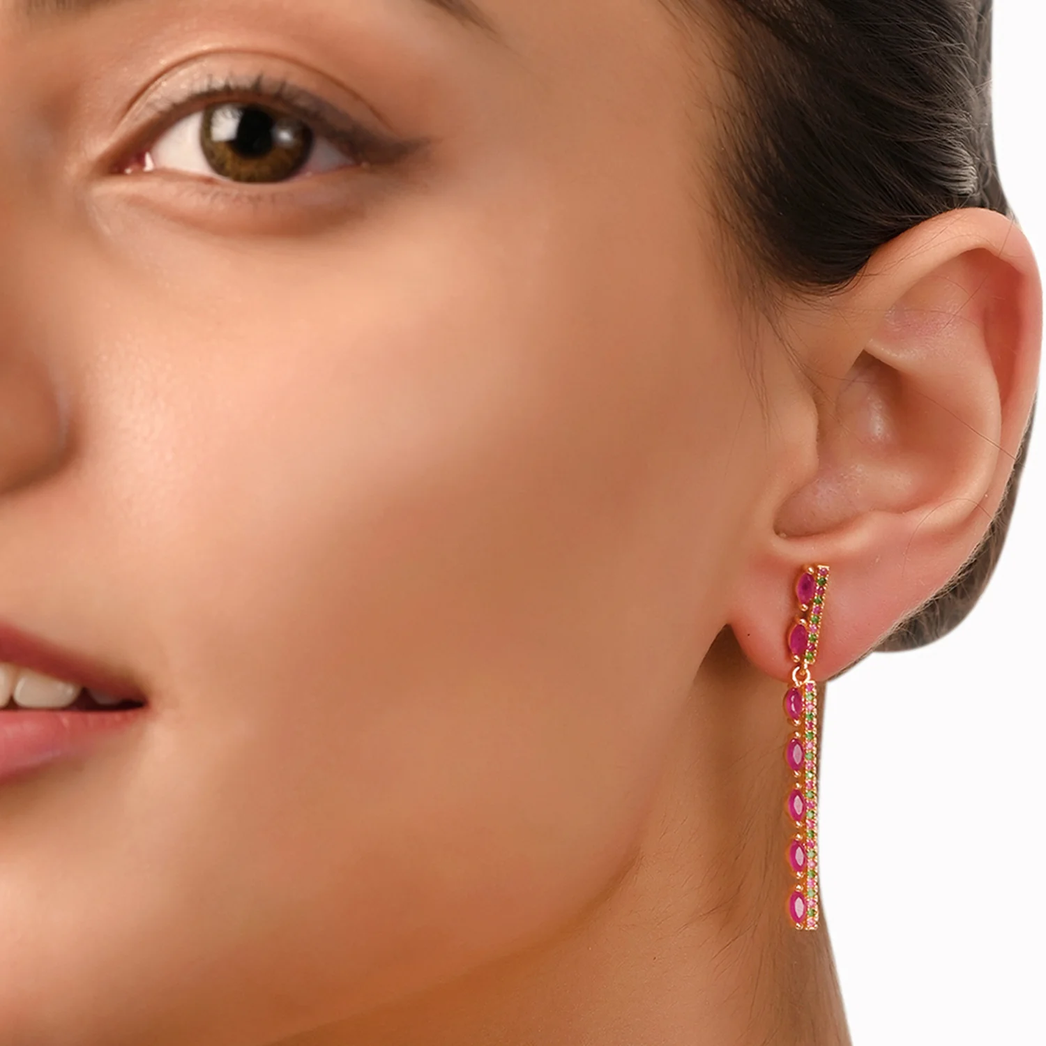 Gold Plated Pink CZ Long Earrings - Image 2