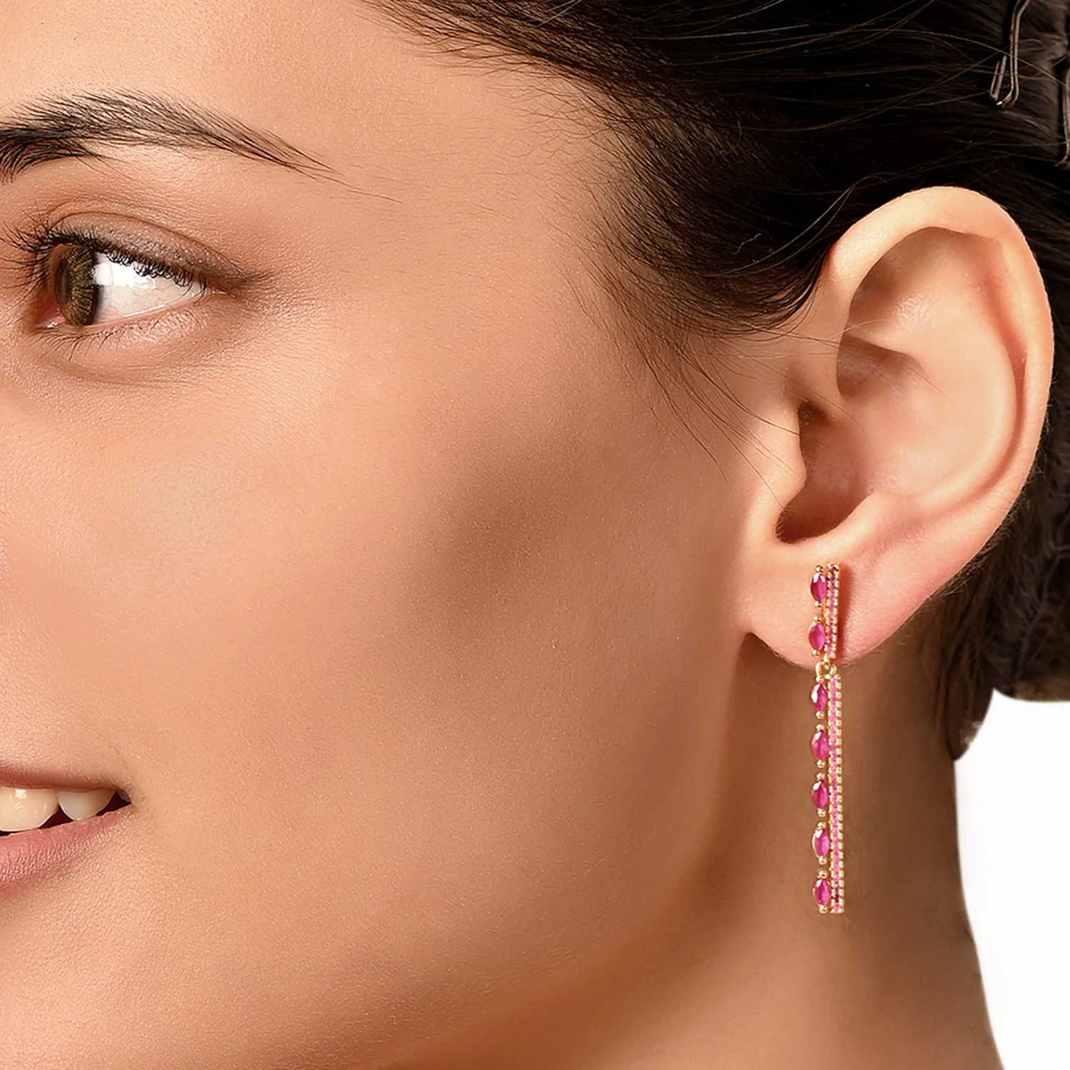 Gold Plated Red CZ Long Earrings - Image 2