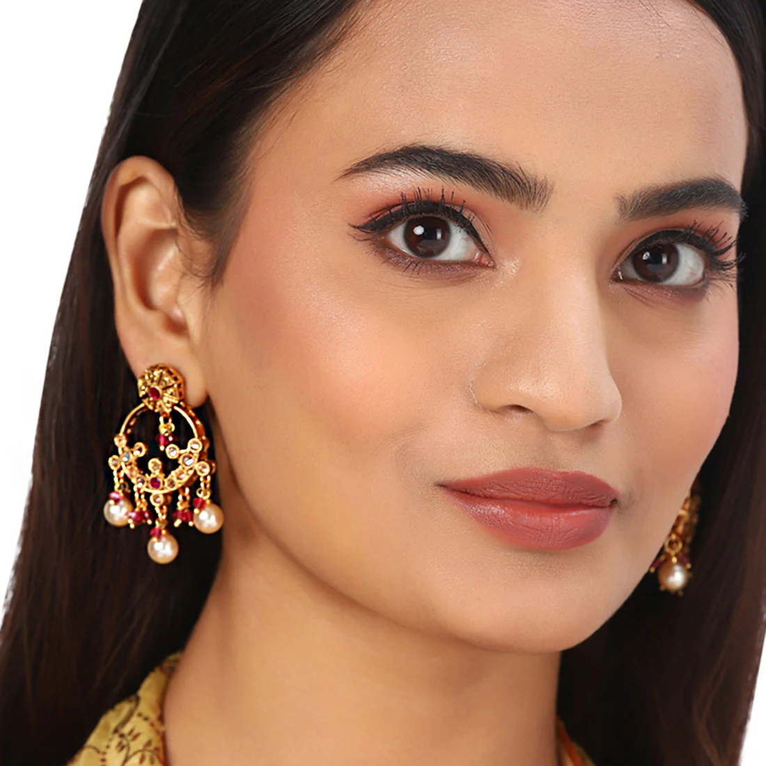 Gold Plated Round Shape Pearl Drop Earrings with Red Stone - Image 2