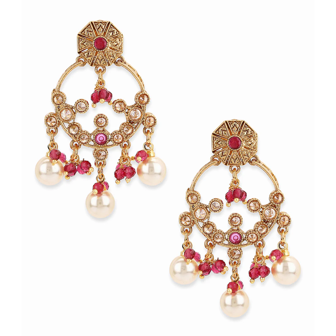 Gold Plated Round Shape Pearl Drop Earrings with Red Stone - Image 3