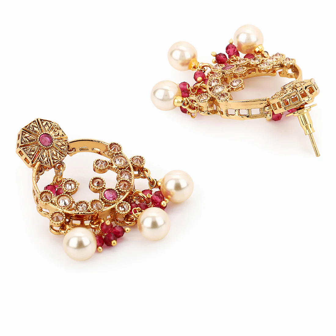 Gold Plated Round Shape Pearl Drop Earrings with Red Stone - Image 4