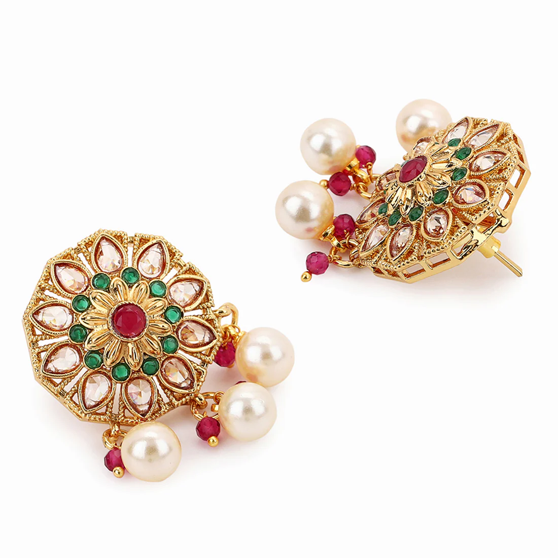 Gold Plated Round Shape Pearl Stud Earrings with Red Stone - Image 4