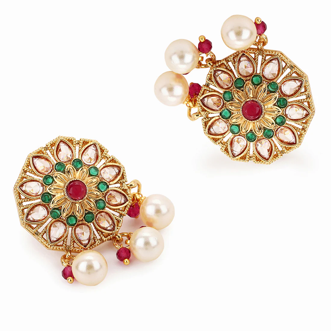 Gold Plated Round Shape Pearl Stud Earrings with Red Stone - Image 5
