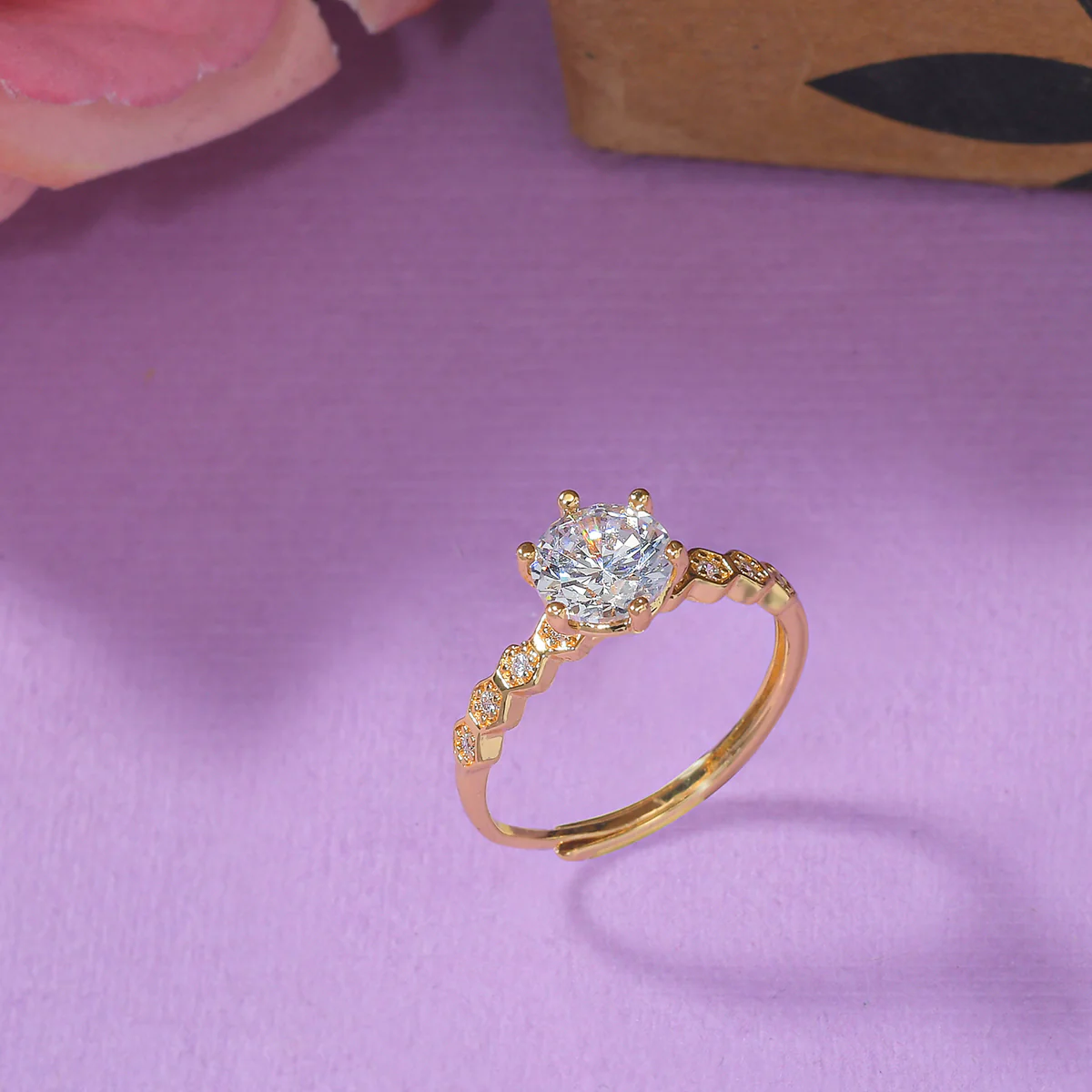Gold Plated Six Prong Setting Zircon Adorned Brass Ring