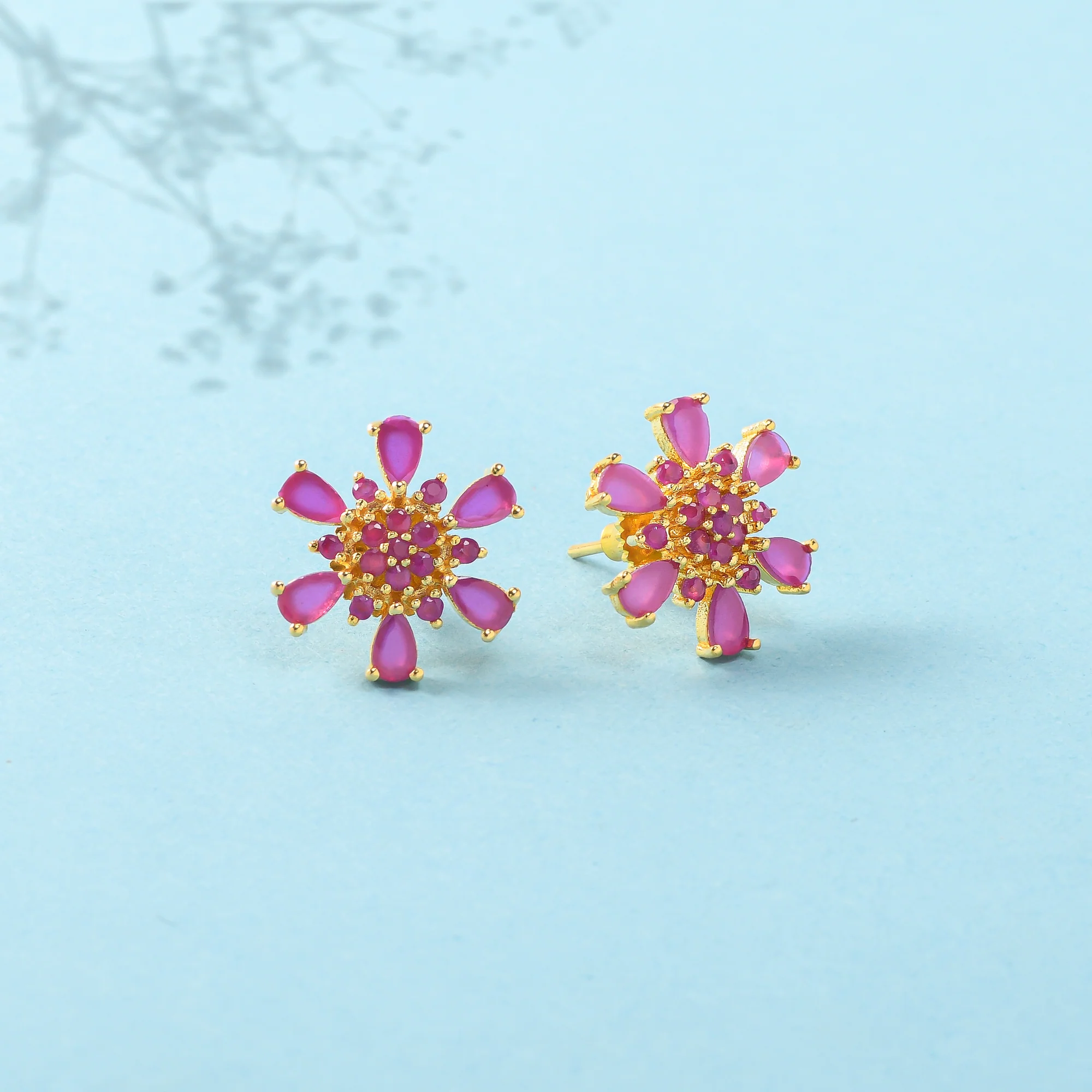 Gold Plated Teardrop Pink Zircons Stud Earrings