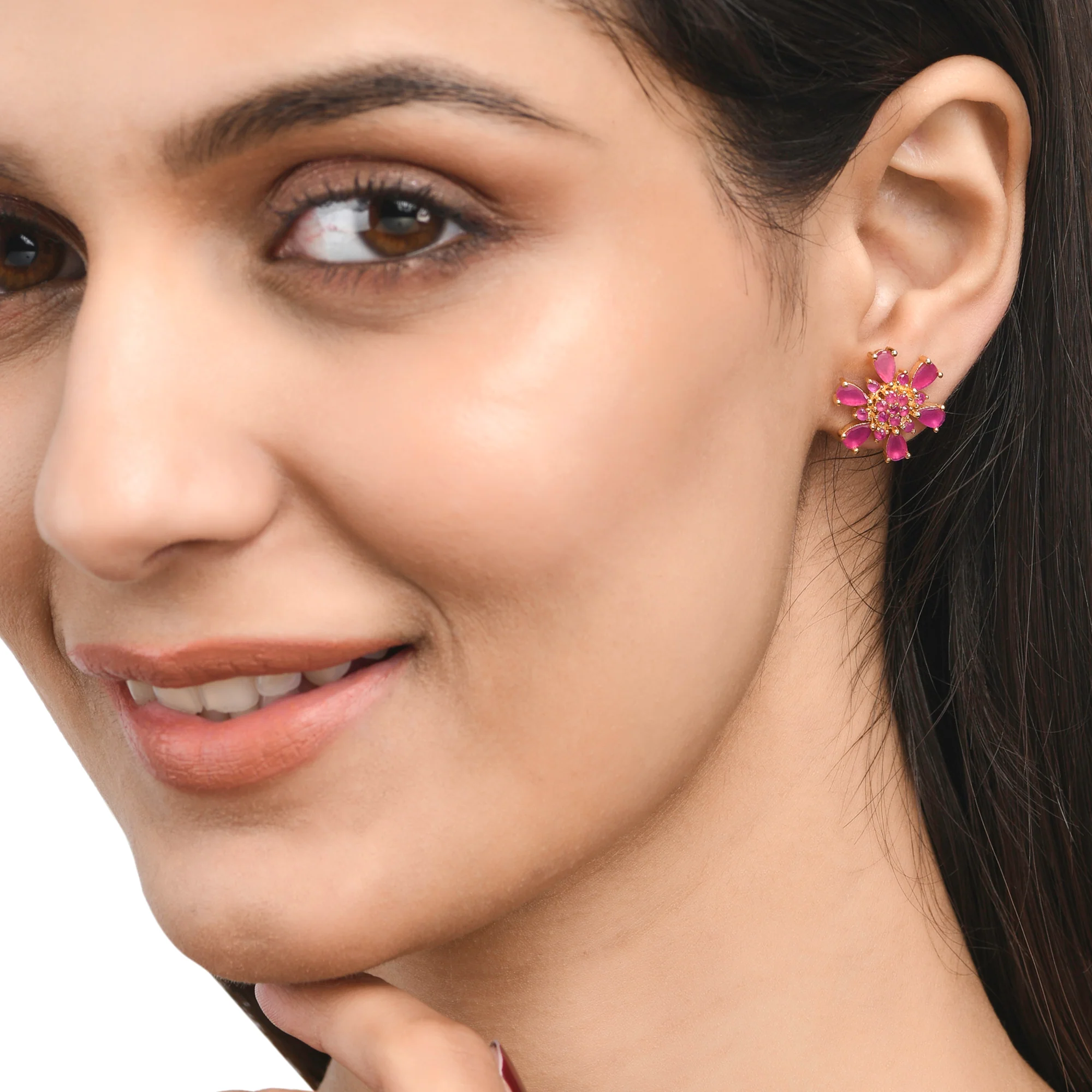 Gold Plated Teardrop Pink Zircons Stud Earrings - Image 2