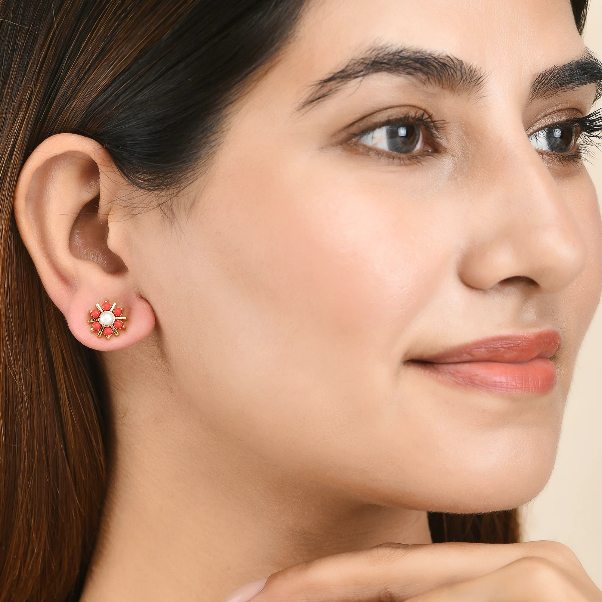 Gold Plated White and Red Pearl Beaded Stud Earrings - Image 2