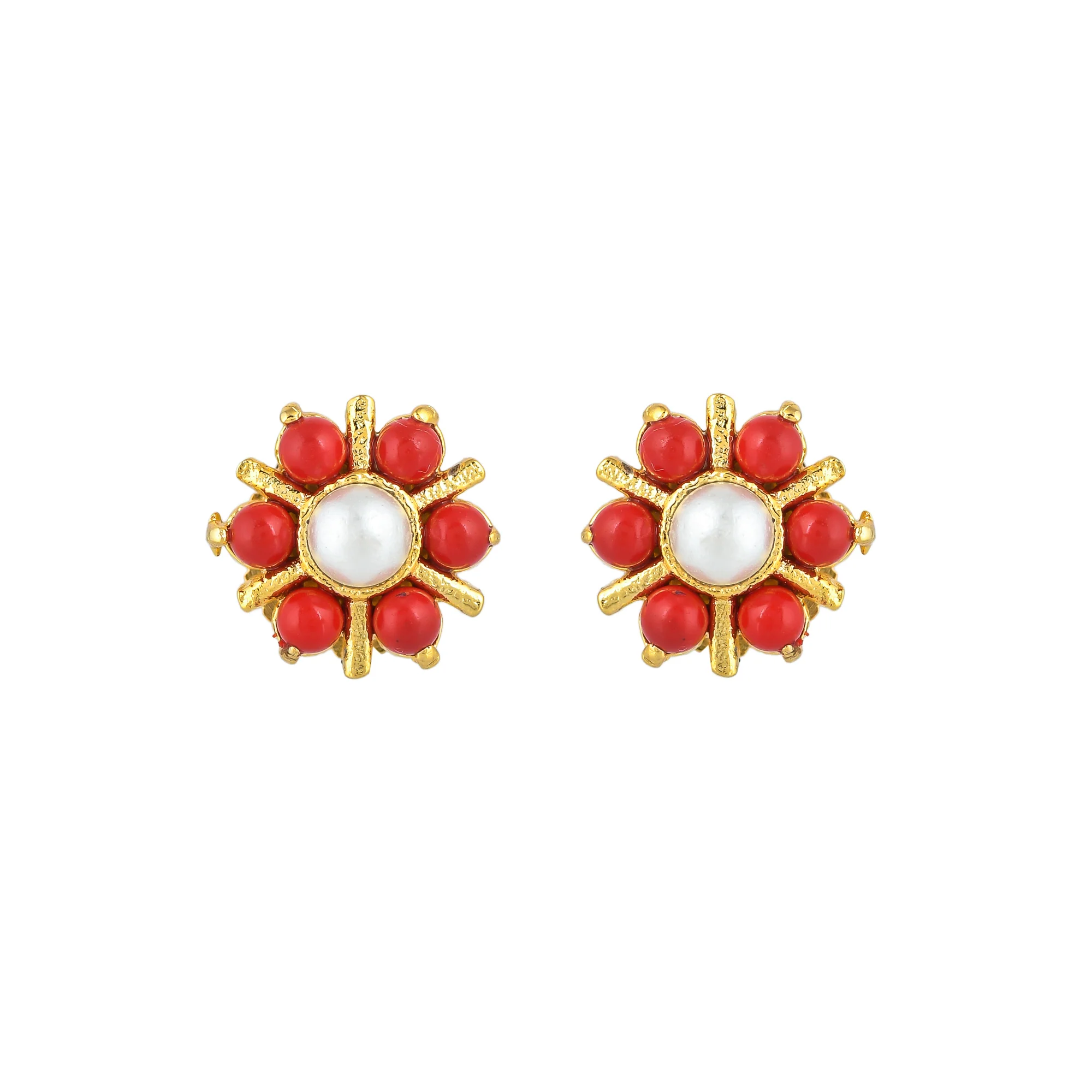 Gold Plated White and Red Pearl Beaded Stud Earrings - Image 3
