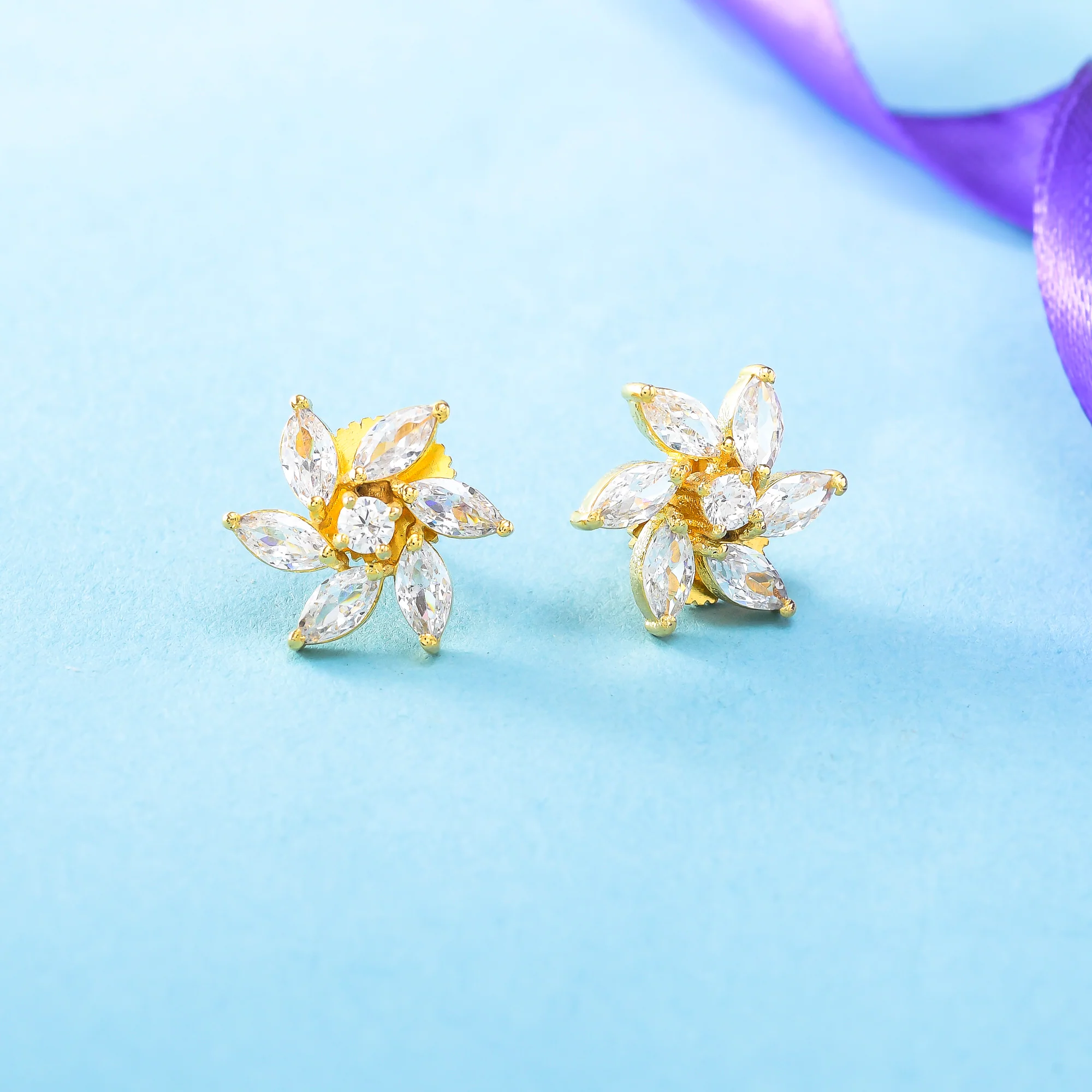 Gold Plated White Marquise Cut Zircons Stud Earrings