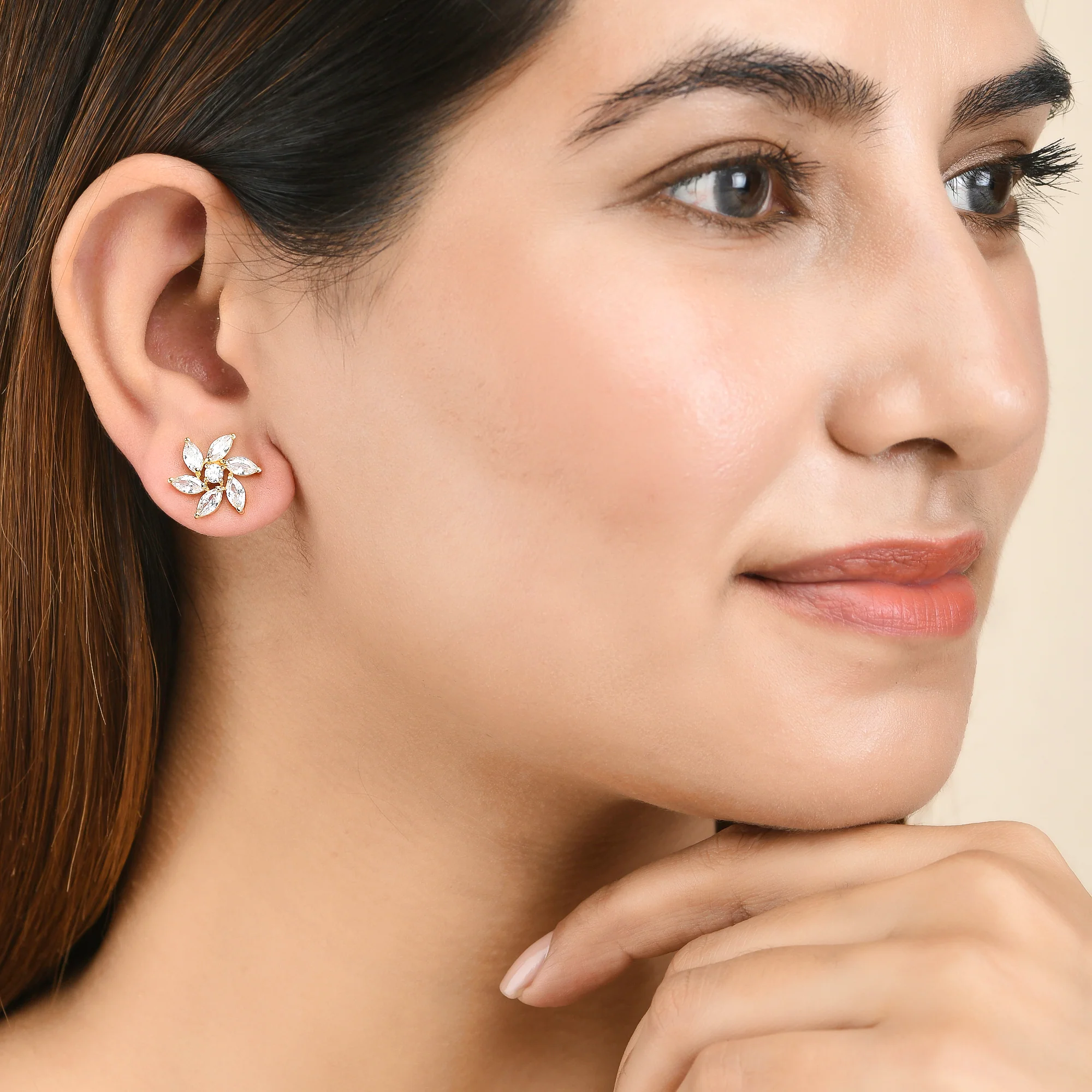 Gold Plated White Marquise Cut Zircons Stud Earrings - Image 2