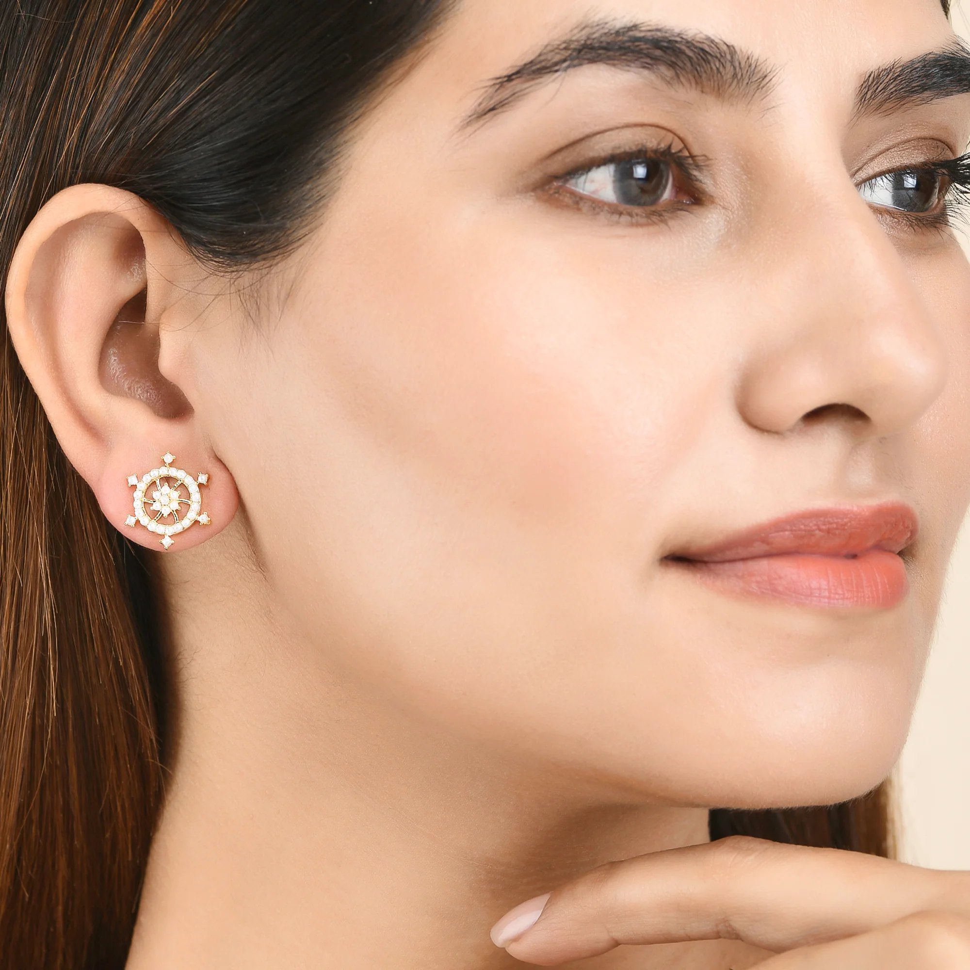 Gold Plated White Pearl Beads Adorned Stud Earrings - Image 2