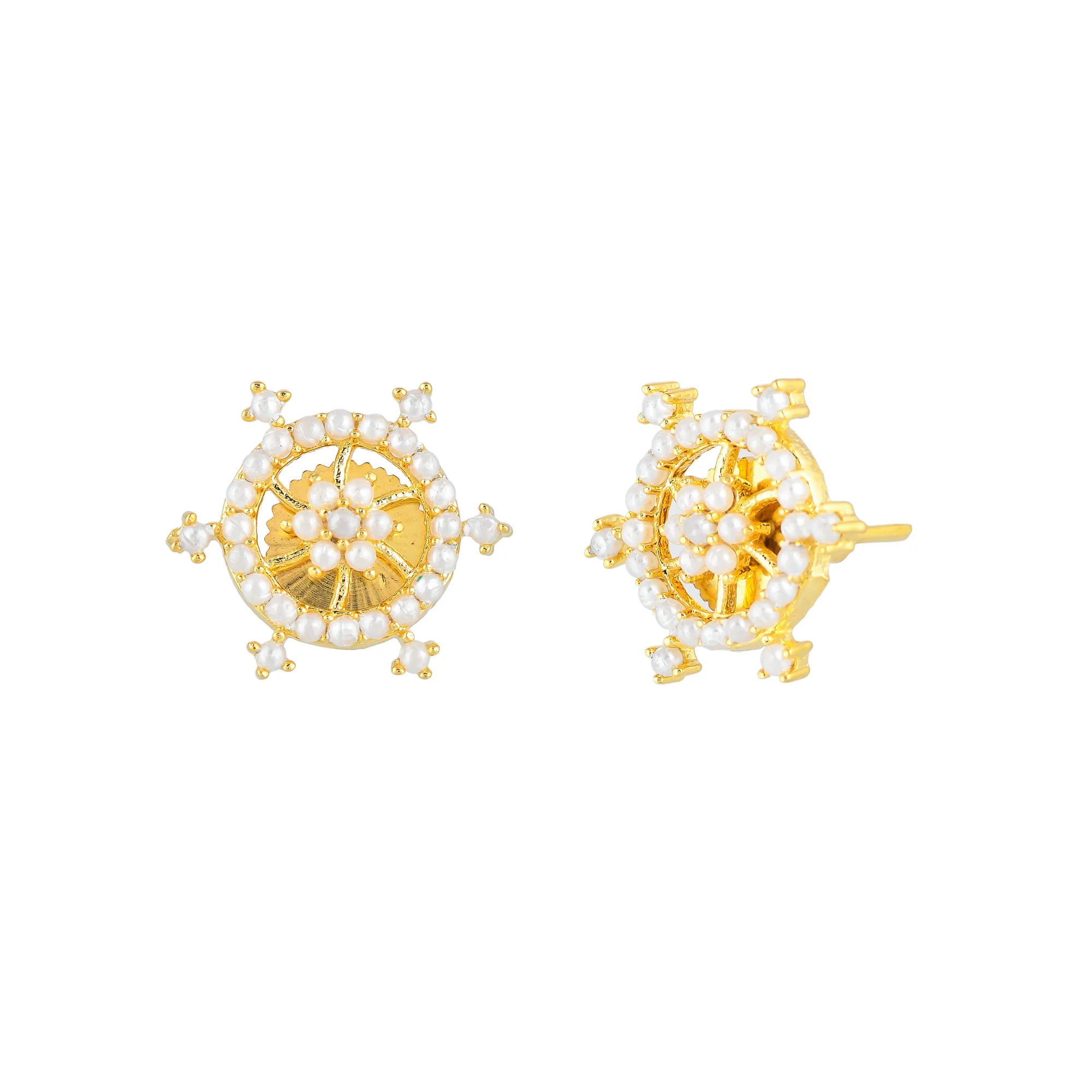 Gold Plated White Pearl Beads Adorned Stud Earrings - Image 4