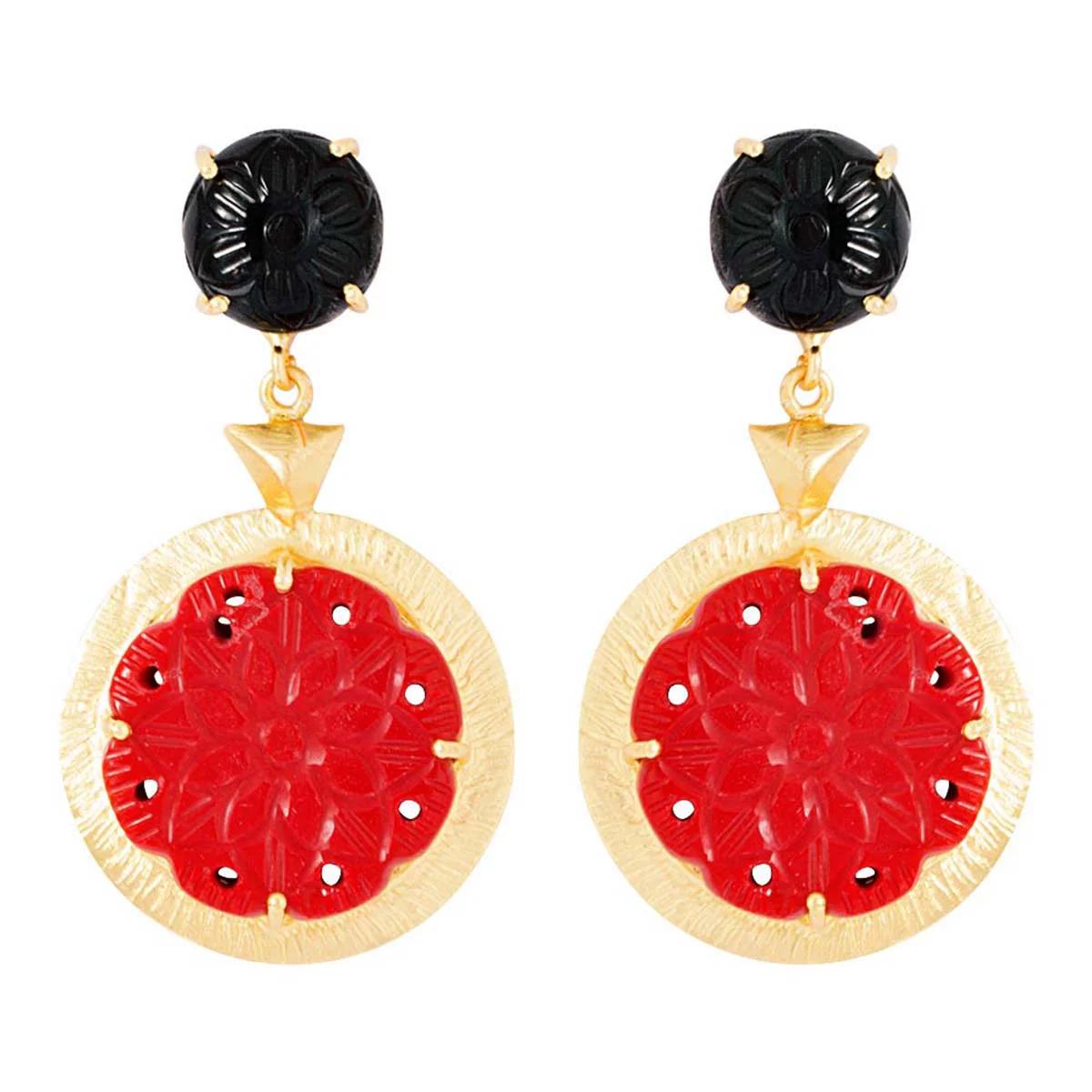 gold tone dangler earrings adorned with black-red floral design engraved stones - Image 2