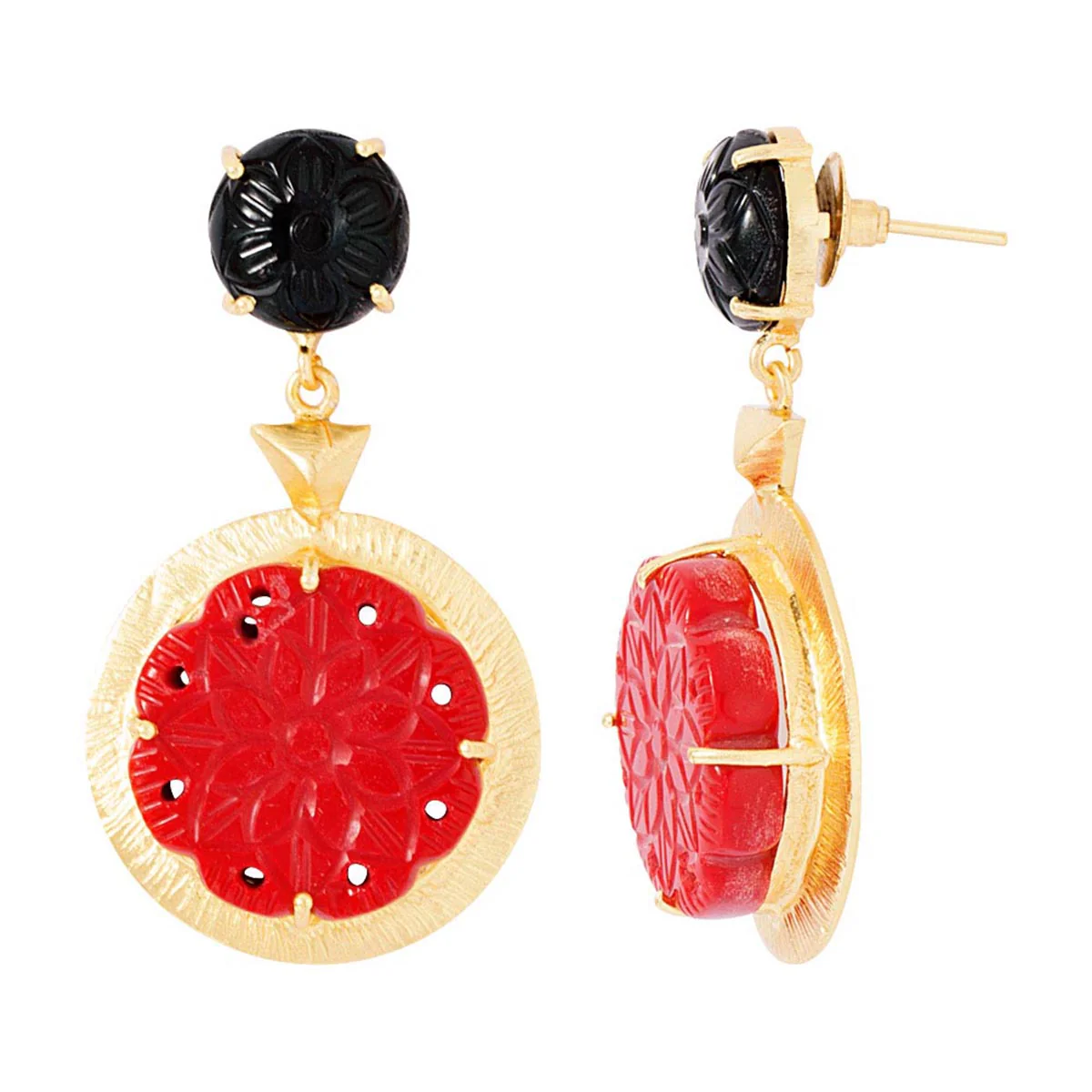 gold tone dangler earrings adorned with black-red floral design engraved stones - Image 3