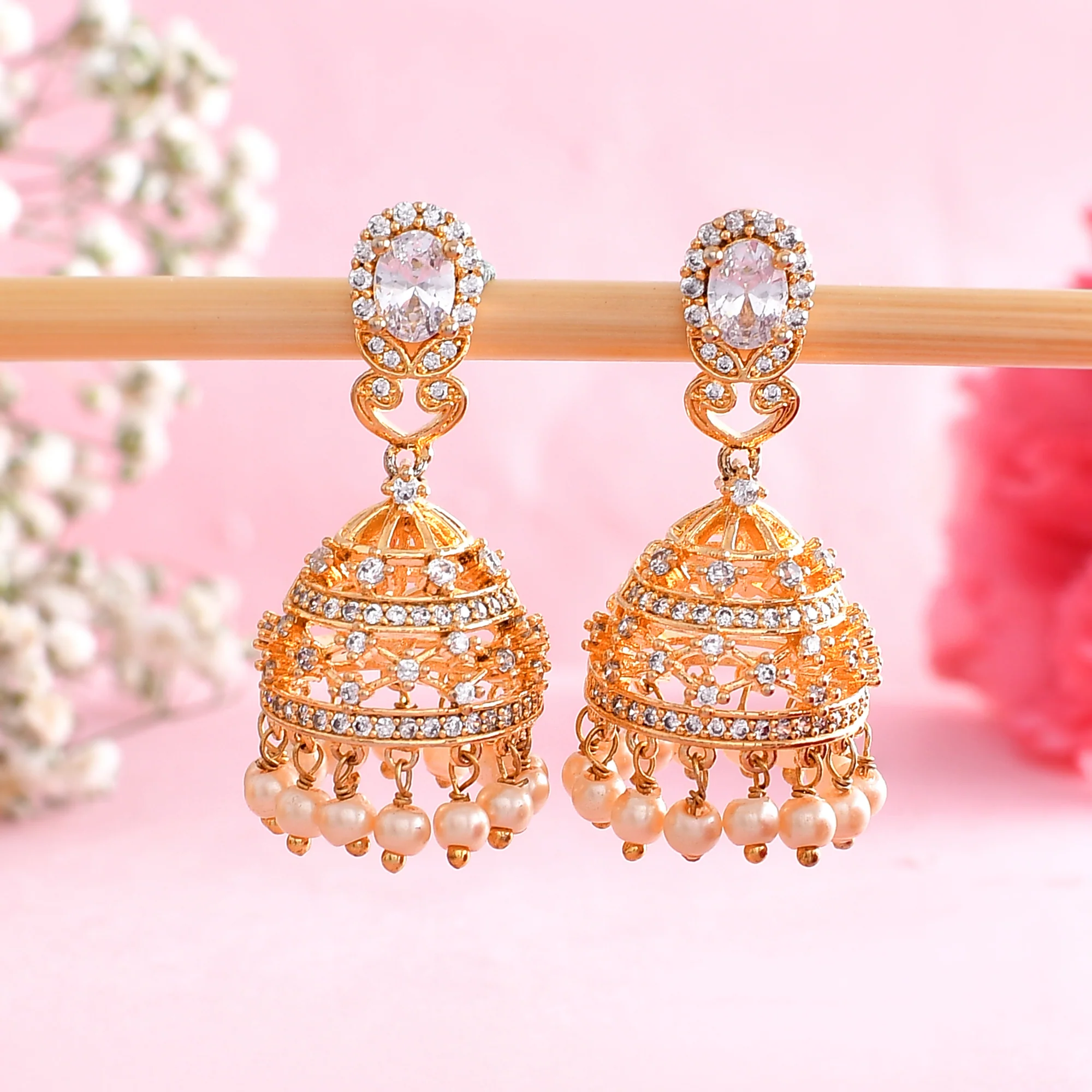 Gold Toned Cz Studded Earrings