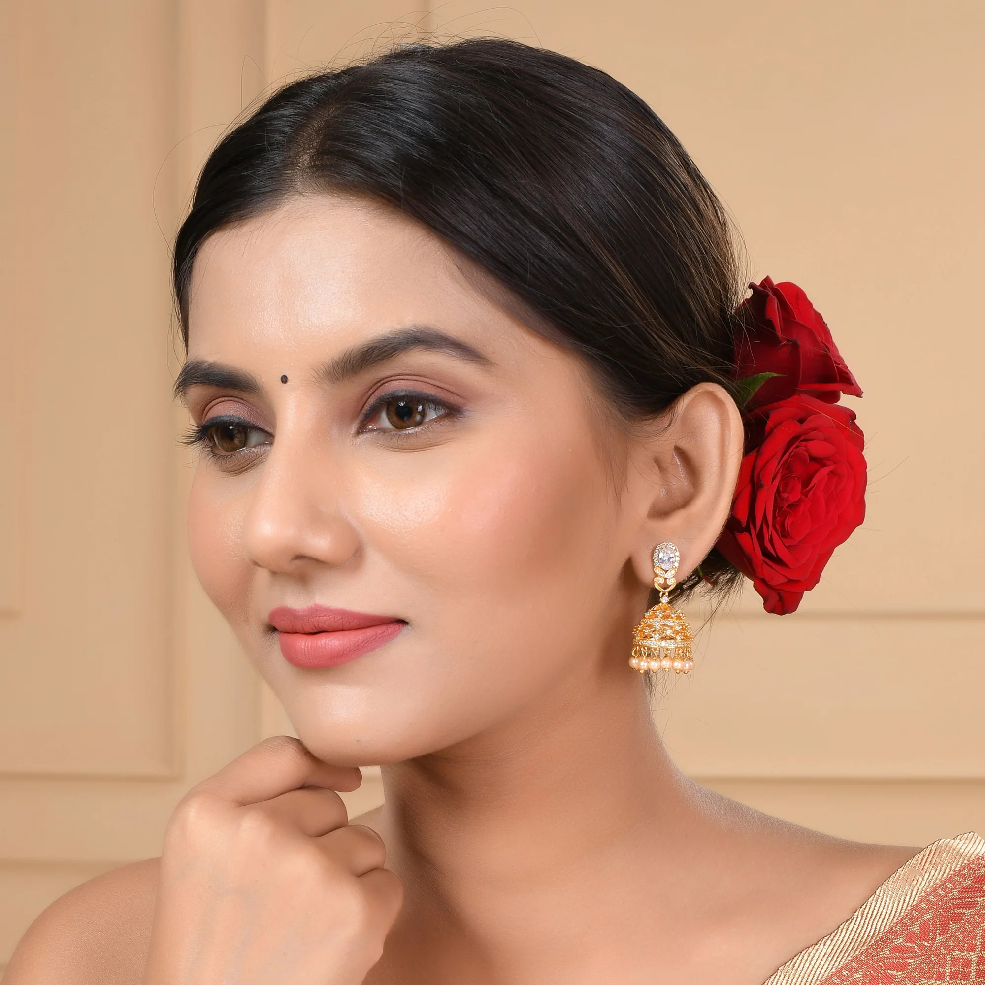 Gold Toned Cz Studded Earrings - Image 2