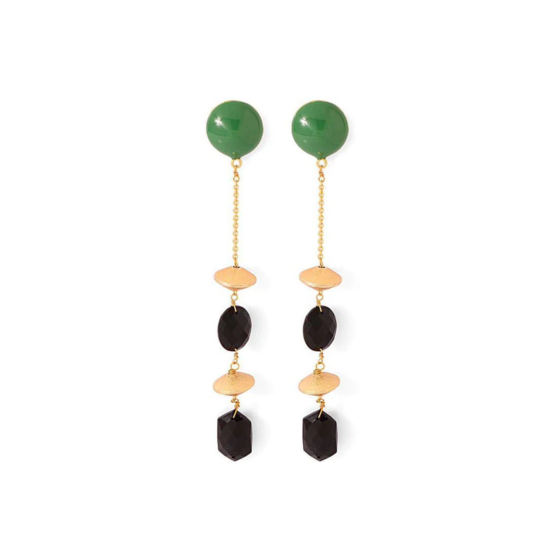 Gold Toned Earrings With Black Stones Dangling - Image 2
