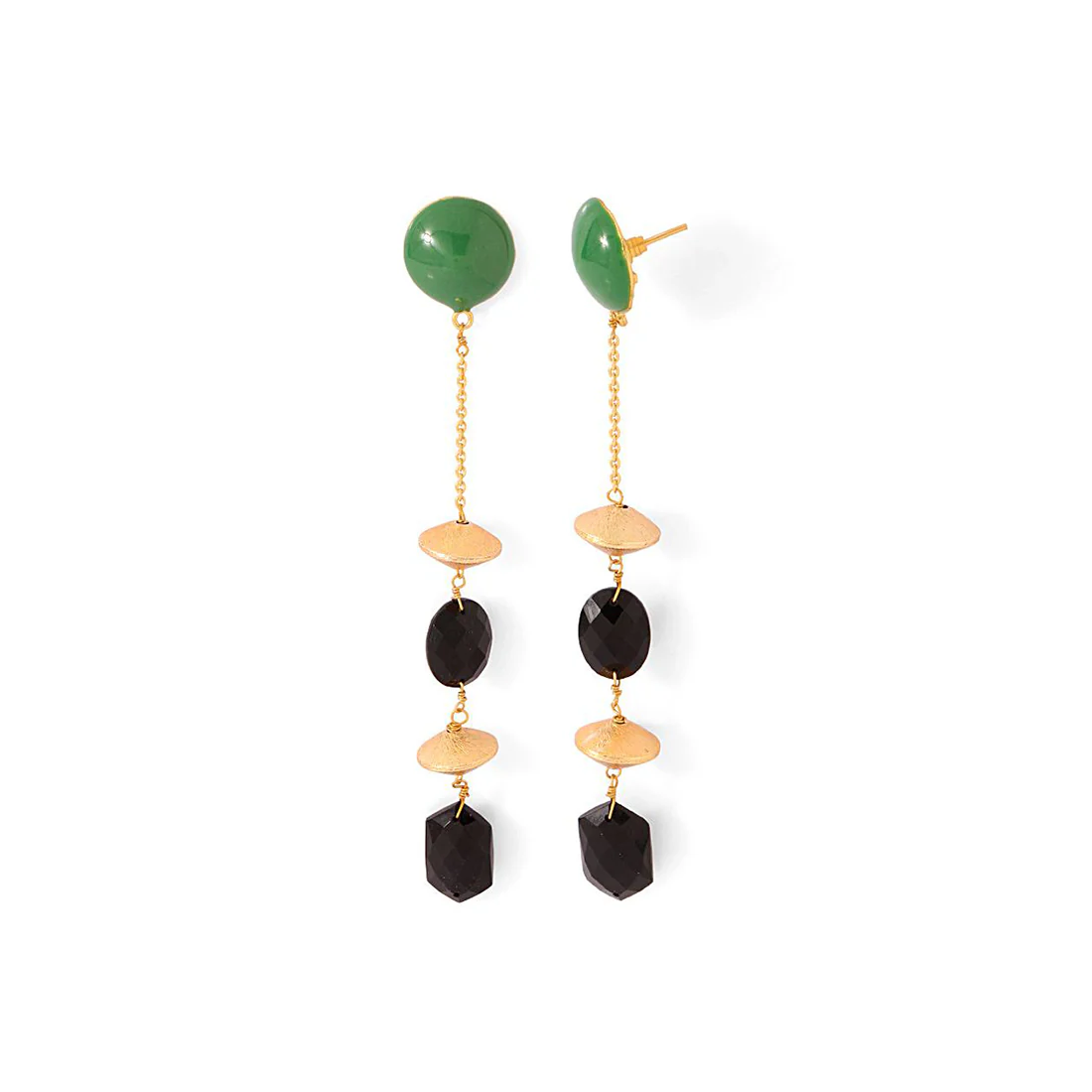 Gold Toned Earrings With Black Stones Dangling - Image 3