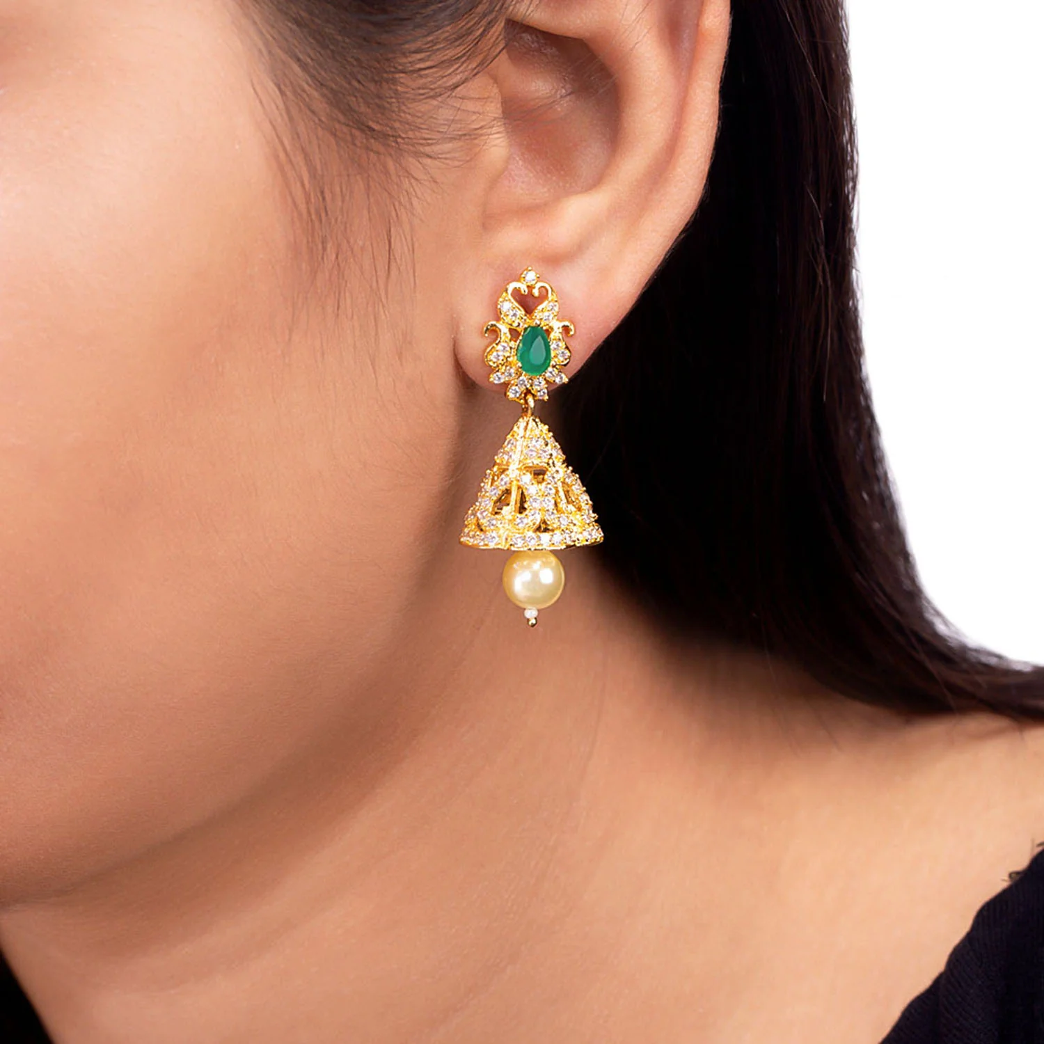 Gold Toned Ethnic Jhumka Earrings - Image 2
