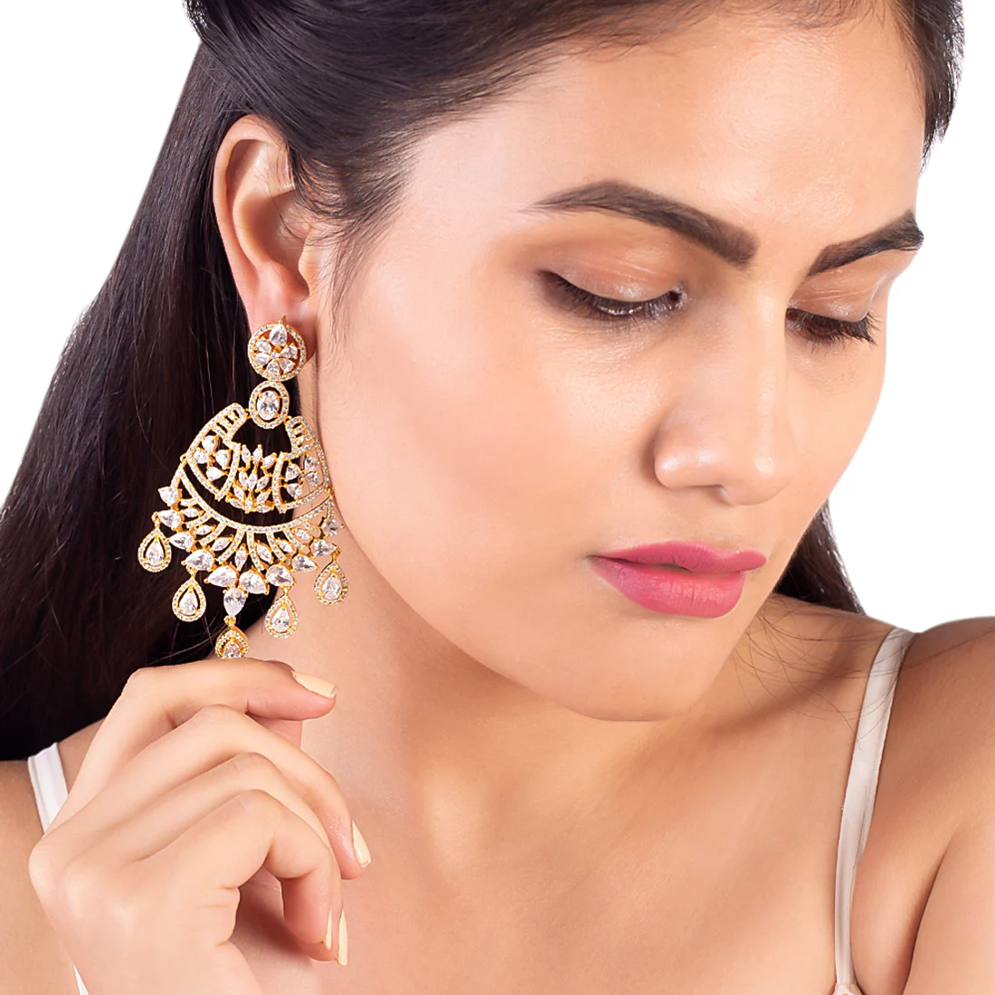 Gold Toned Heavily Embellished Earrings - Image 2