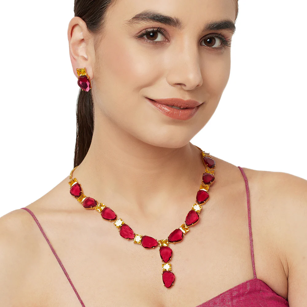 Gold Toned Necklace Set Embellished With CZ Sparkles - Image 2