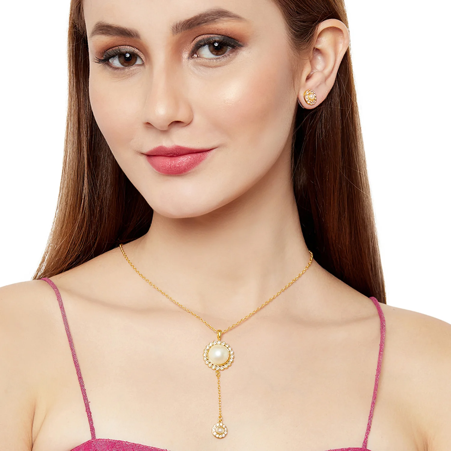 Gold Toned Pearl Beaded Pendant Set - Image 2